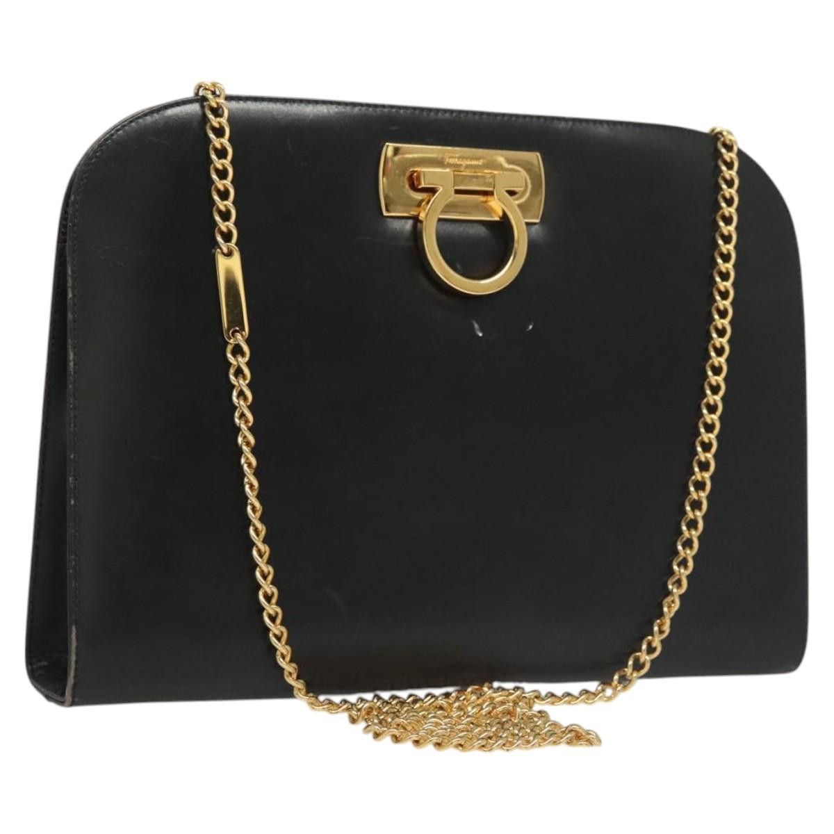 Salvatore Ferragamo Gancini Chain Shoulder Bag Leather Black Gold Auth 120975, Women's