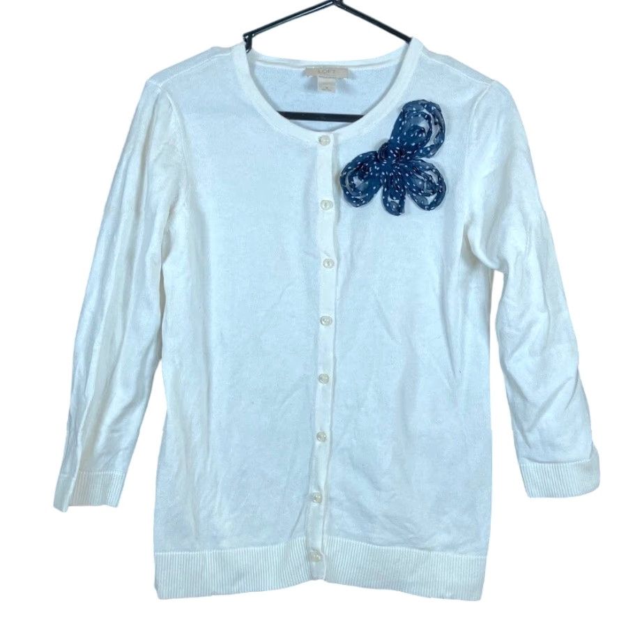 Loft LOFT Ann Taylor Womens Cardigan Sweater 100% Cotton White Navy Bow Button Front S Crew Neck Knit Lightweight Regular Long Sleeve Women Size S / US 4 / IT 40 - 2 Thumbnail