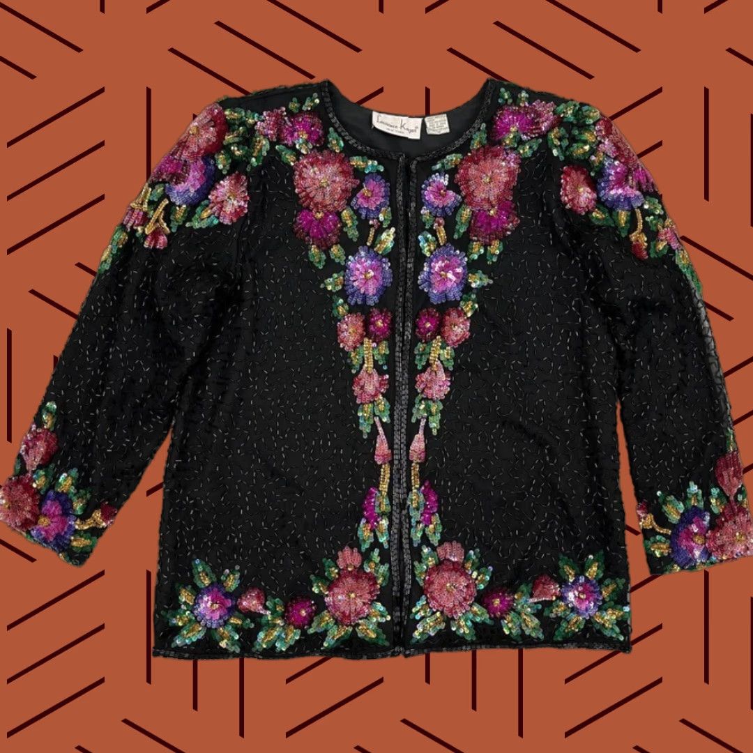 Vintage VINTAGE Laurence Kazar Jacket Top Womens M Black Silk Beaded Sequin Floral Party 90s Jacket Womens M Black Silk Beaded Sequin Floral 90s Size M / US 6-8 / IT 42-44 - 1 Thumbnail