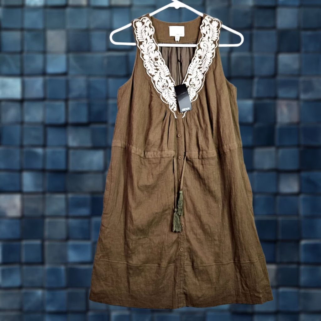 Vintage Greylyn Women's S Sleeveless Dress Brown Boho Embroidered Tassel Button Front Size S / US 4 / IT 40 - 1 Thumbnail