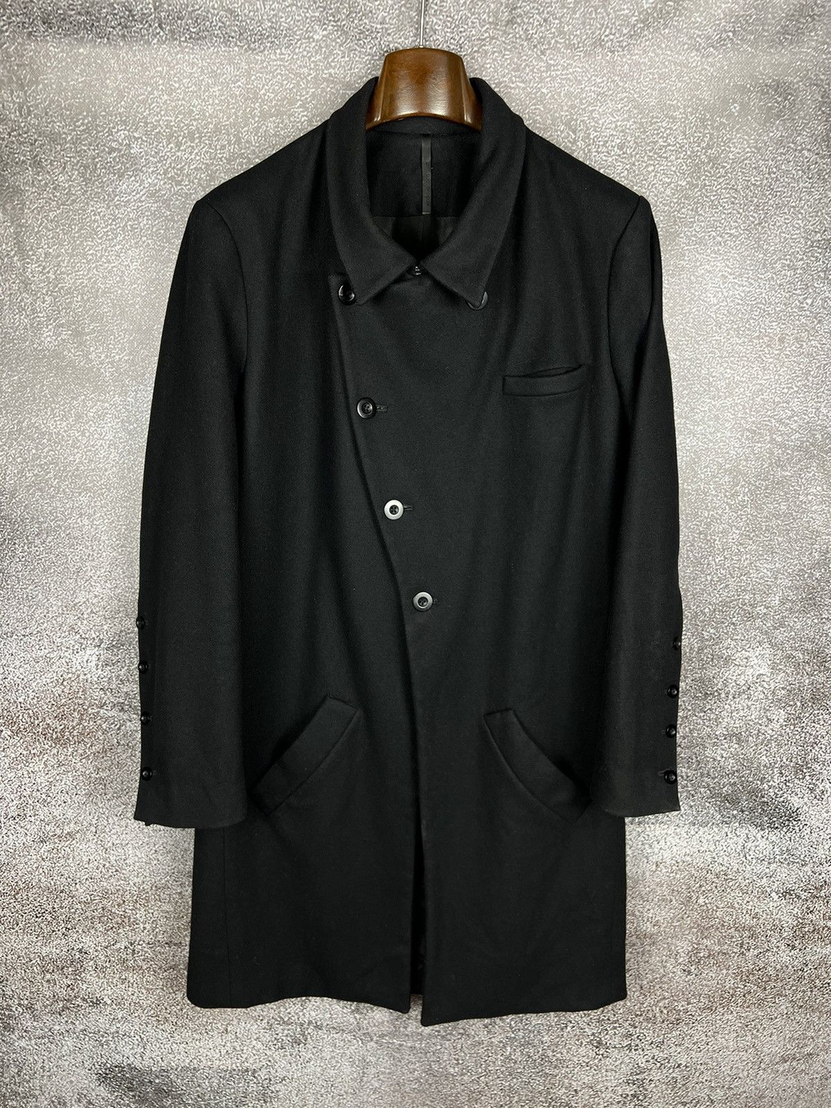 image of Avant Garde Endovanera Asymmetrical Wool Coat Made In California Rock in Black, Men's (Size Medium)