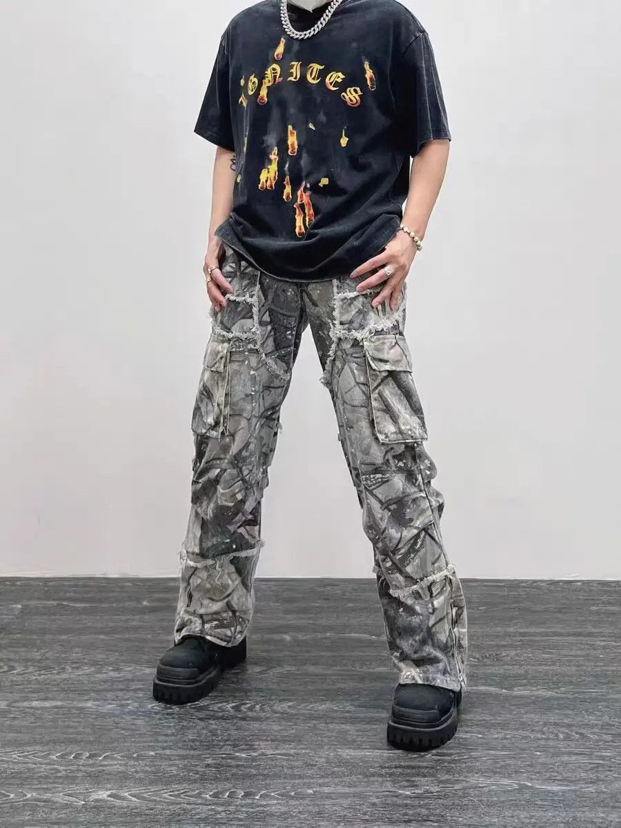 image of Retro Camouflage Irregular Raw Edge Work Jeans in Camouflage Green, Men's (Size 32)