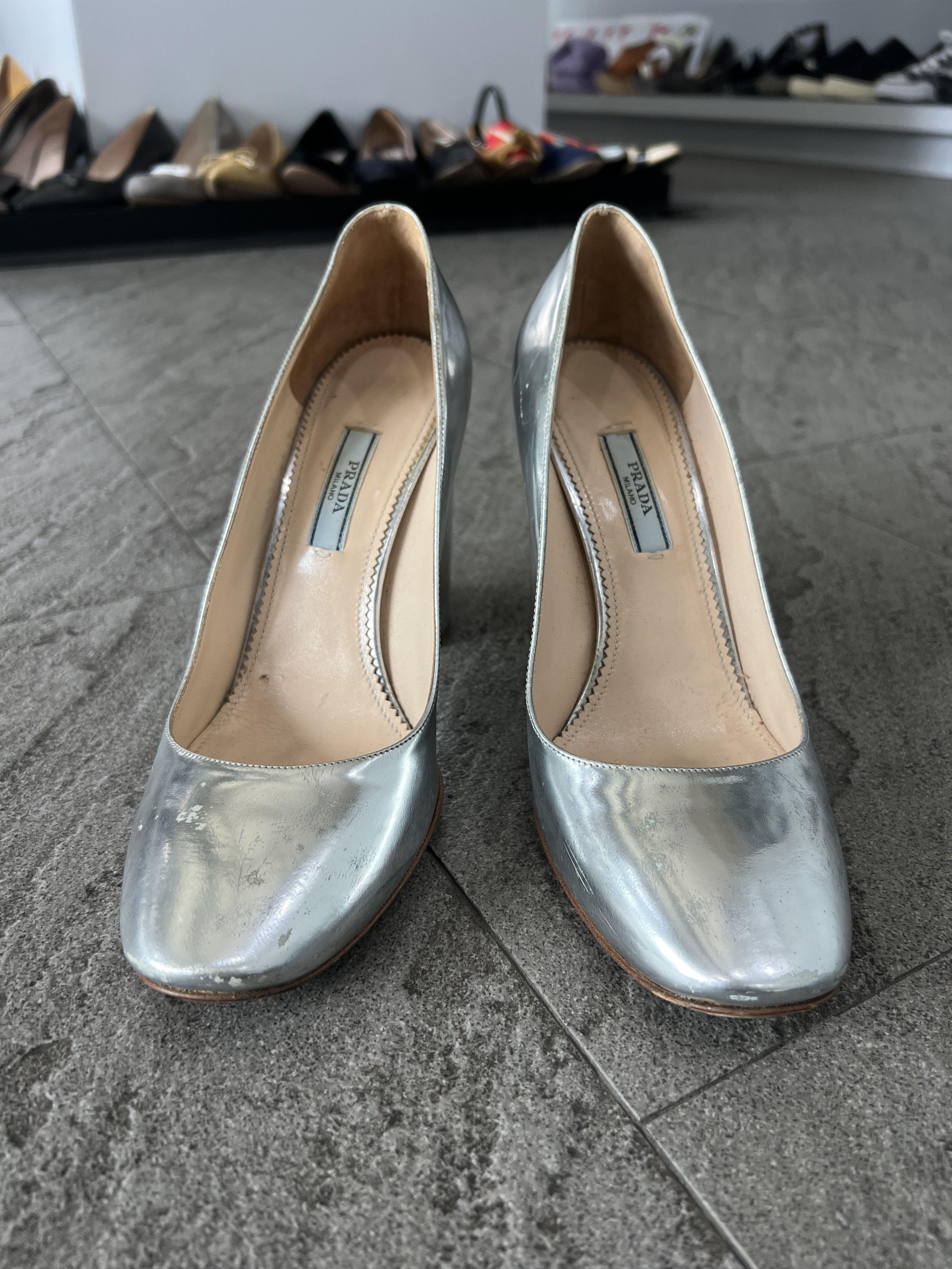 Prada Prada Silver Metallic Block Heel Pumps EU38 Size US 8 / IT 38 - 4 Thumbnail
