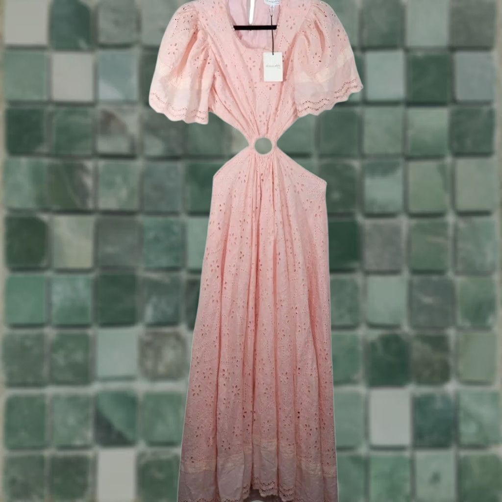 Pinko Amable by Mable Maxi Dress Womens Size Small Pink Cut Out Eyelet Puff Sleeve NWT Size S Pink Puff Sleeve Cotton Blend Round Neck NWT Women Dress Long Size S / US 4 / IT 40 - 1 Thumbnail