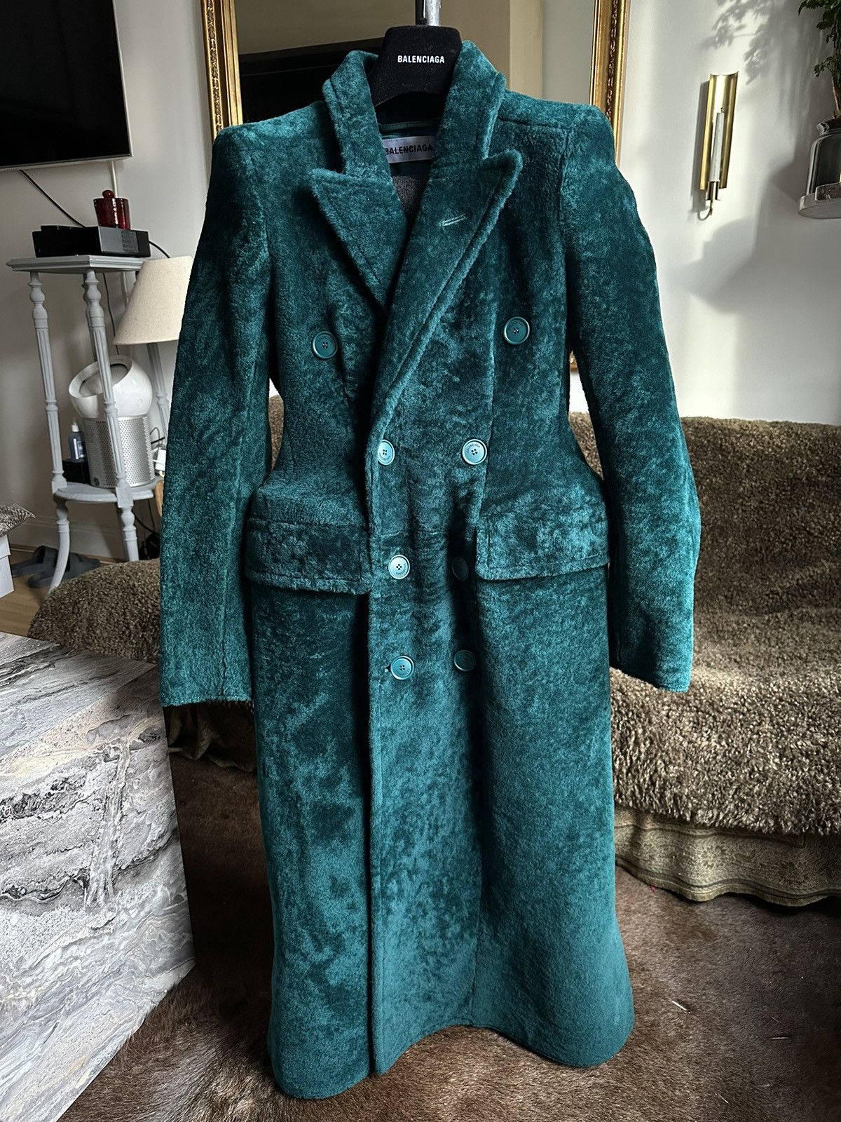 image of Balenciaga Hourglass Lamb Coat in Green, Women's (Size XS)