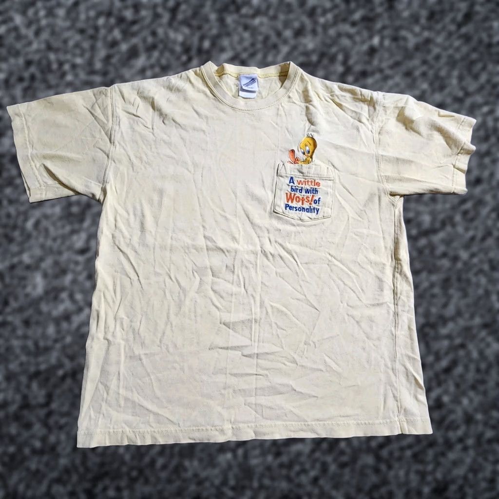 Vintage VINTAGE 90s Mens M Warner Bros. Tweety T-Shirt Cartoon Graphic Print Pocket Crew Neck Short Sleeve Yellow M Size US M / EU 48-50 / 2 - 1 Thumbnail