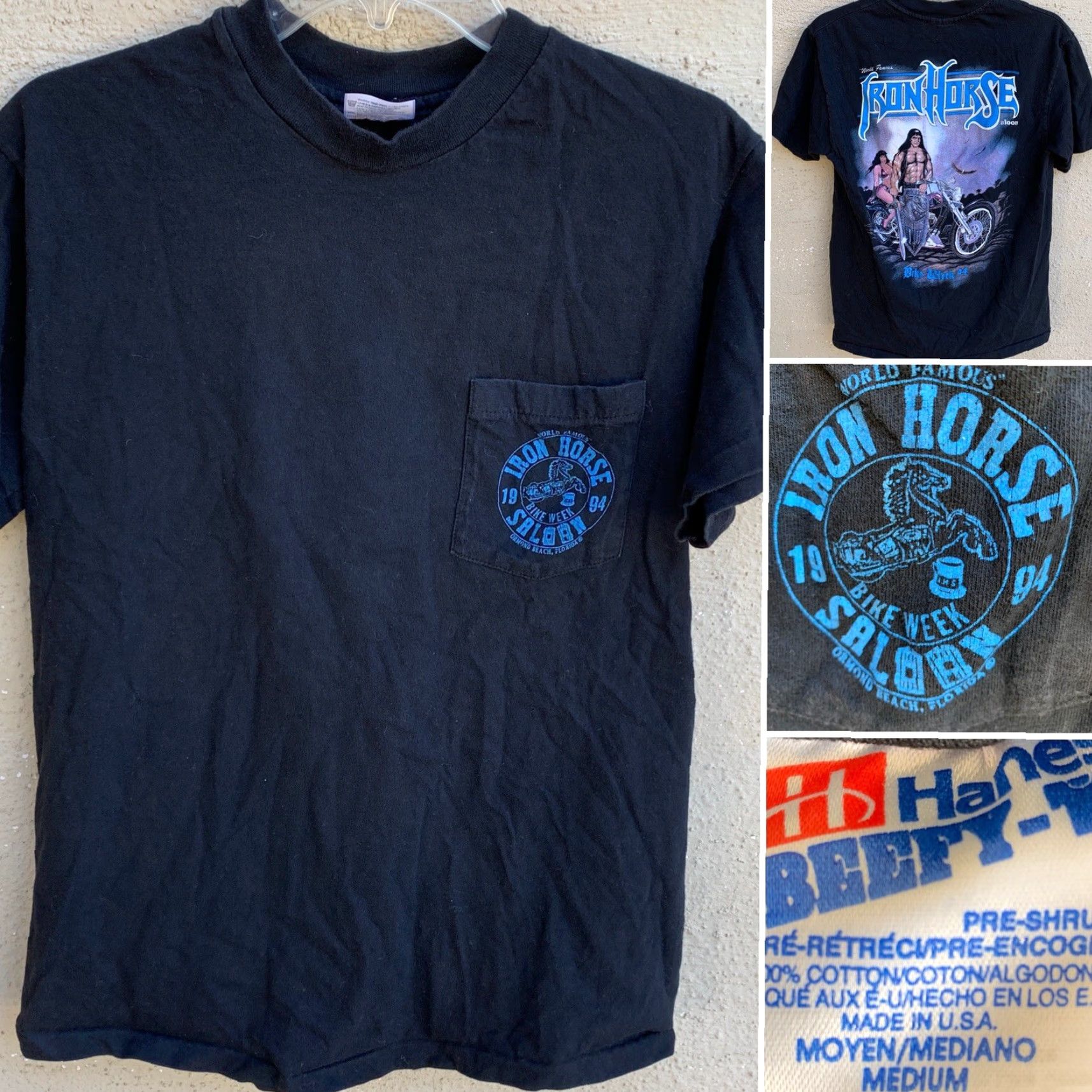 Hanes VINTAGE Iron Horse Saloon Bike Week 94 Pocket Tee T-Shirt 90s 1990s M Black Men Hanes Short Sleeve 100% Cotton Graphic Tee Size US M / EU 48-50 / 2 - 6 Thumbnail