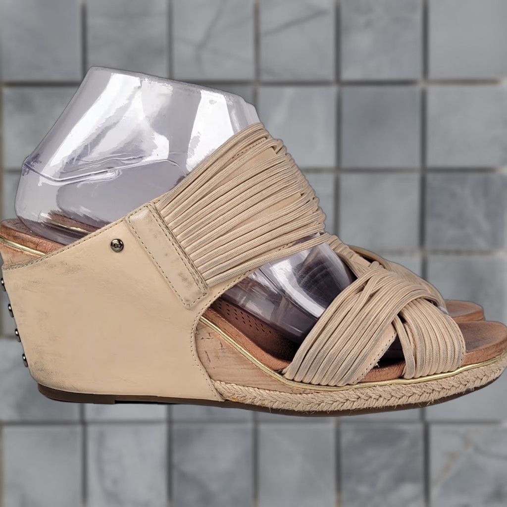 Ugg UGG Hilarie Wedge Sandals Beige US 8 / 39 EU Slip On Leather Sandal Women Womens Summer High Wedge Pattern Solid Australia Theme Size US 6 / IT 36 - 1 Thumbnail