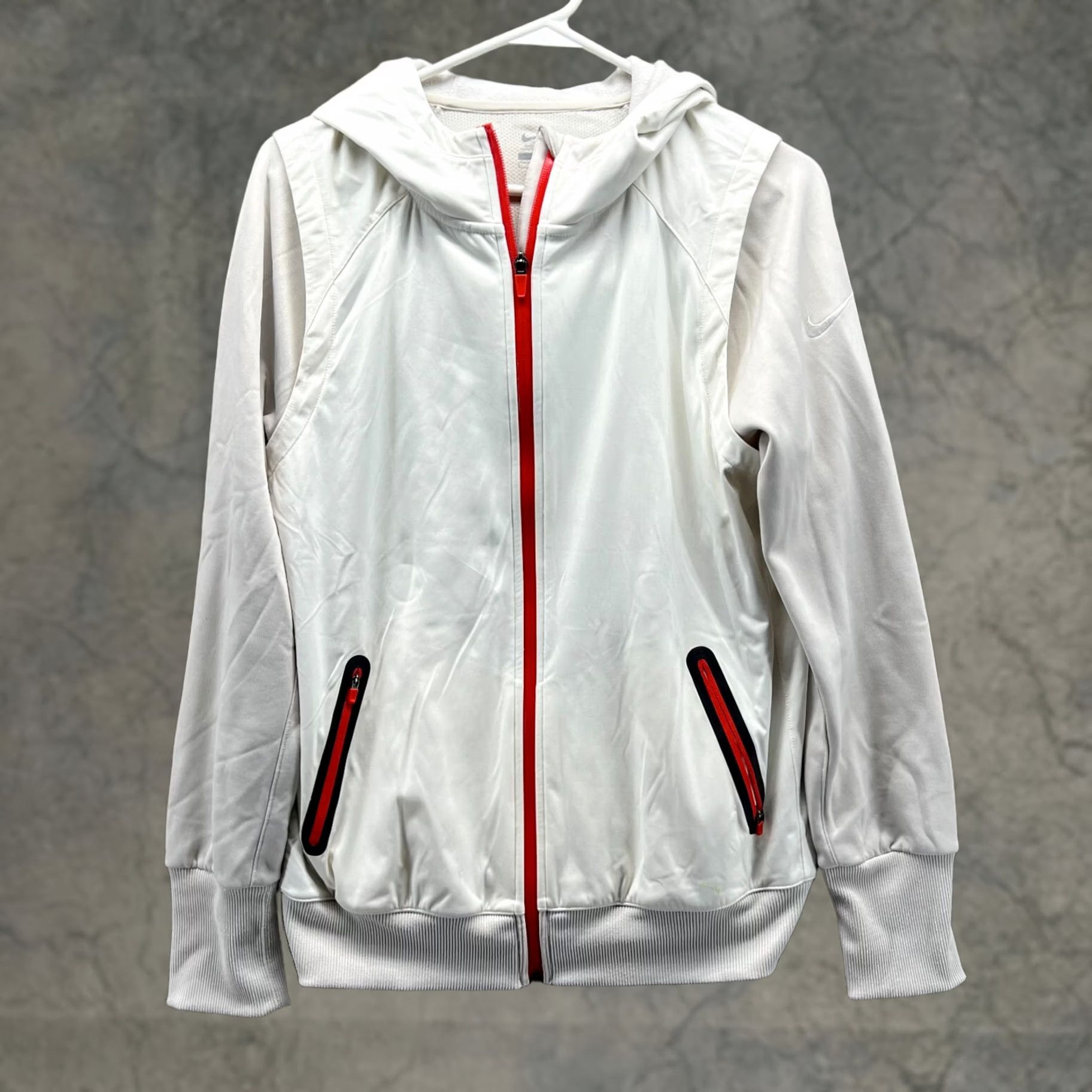 Nike VINTAGE Nike Sweater Womens L White Women Red Full Zip Hooded Jacket Running Vented Dri Fit Size L / US 10 / IT 46 - 1 Thumbnail