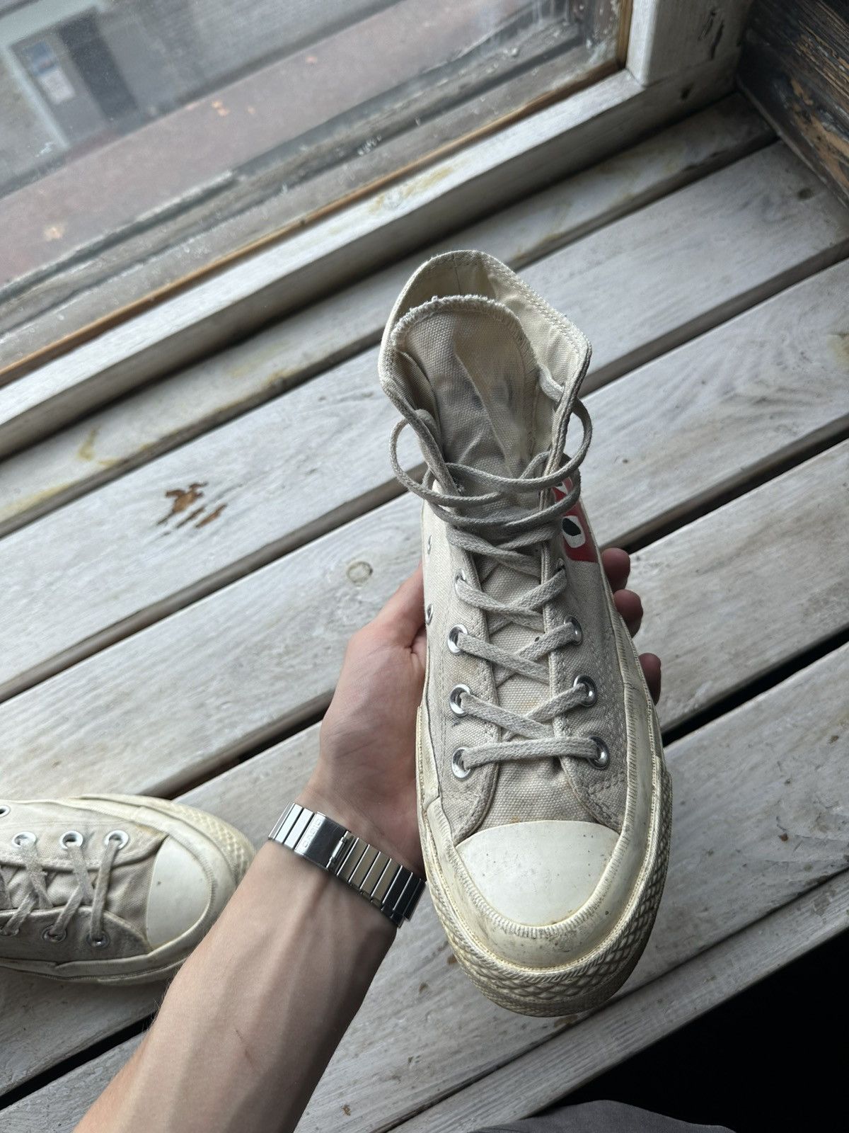 Comme des Garcons PLAY × Converse 🚨RARE BEIGE CDG CONVERSE RED HEART VINTAGE DISTRESS TRUE Size US 7.5 / IT 37.5 - 8 Thumbnail