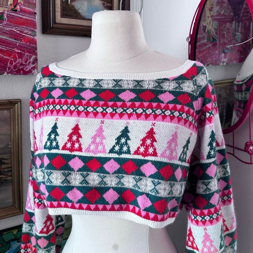 rue21 rue 21 pink white red green christmas knit cropped sweater Size M / US 6-8 / IT 42-44 - 3 Thumbnail