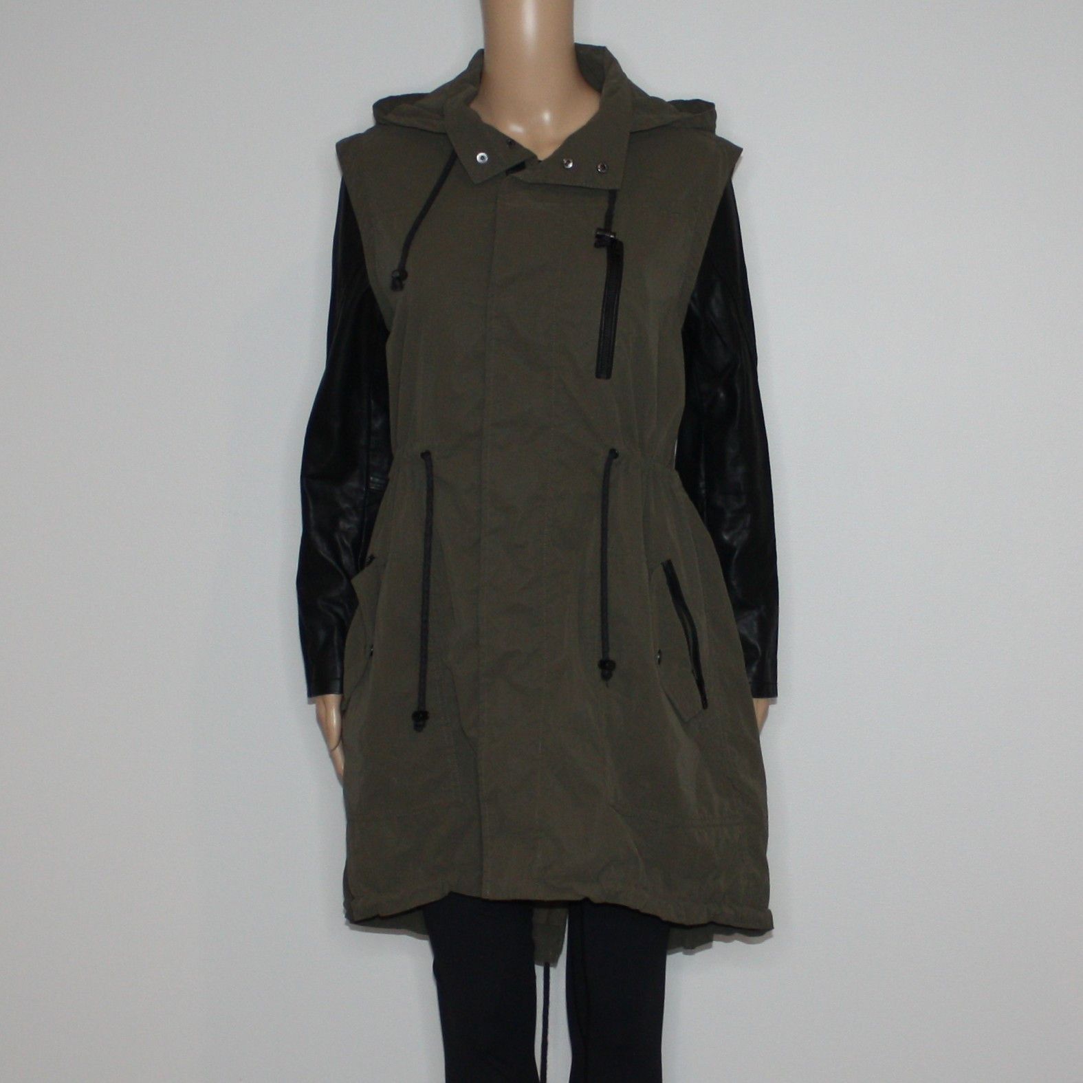 BLANKNYC Hooded Vegan Leather & Nylon Rain Jacket in Olive Green Size S / US 4 / IT 40 - 4 Thumbnail