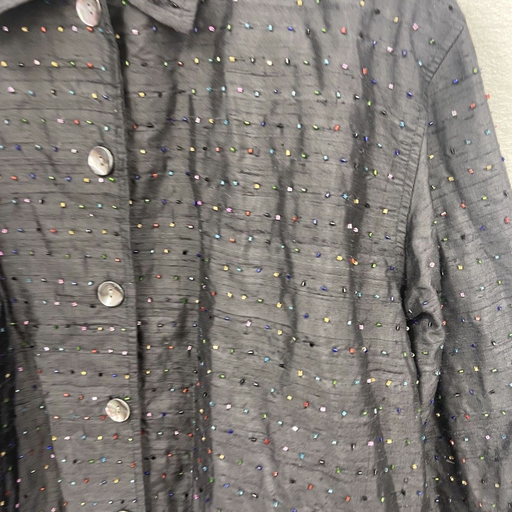 Vintage CHICO'S Blouse Shirt Womens Large Black Beaded Silk 90s Designer Lagenlook Vintage, Long Sleeve, Collared, Dry Clean Only, Regular Fit, Adult Women Size L / US 10 / IT 46 - 6 Thumbnail