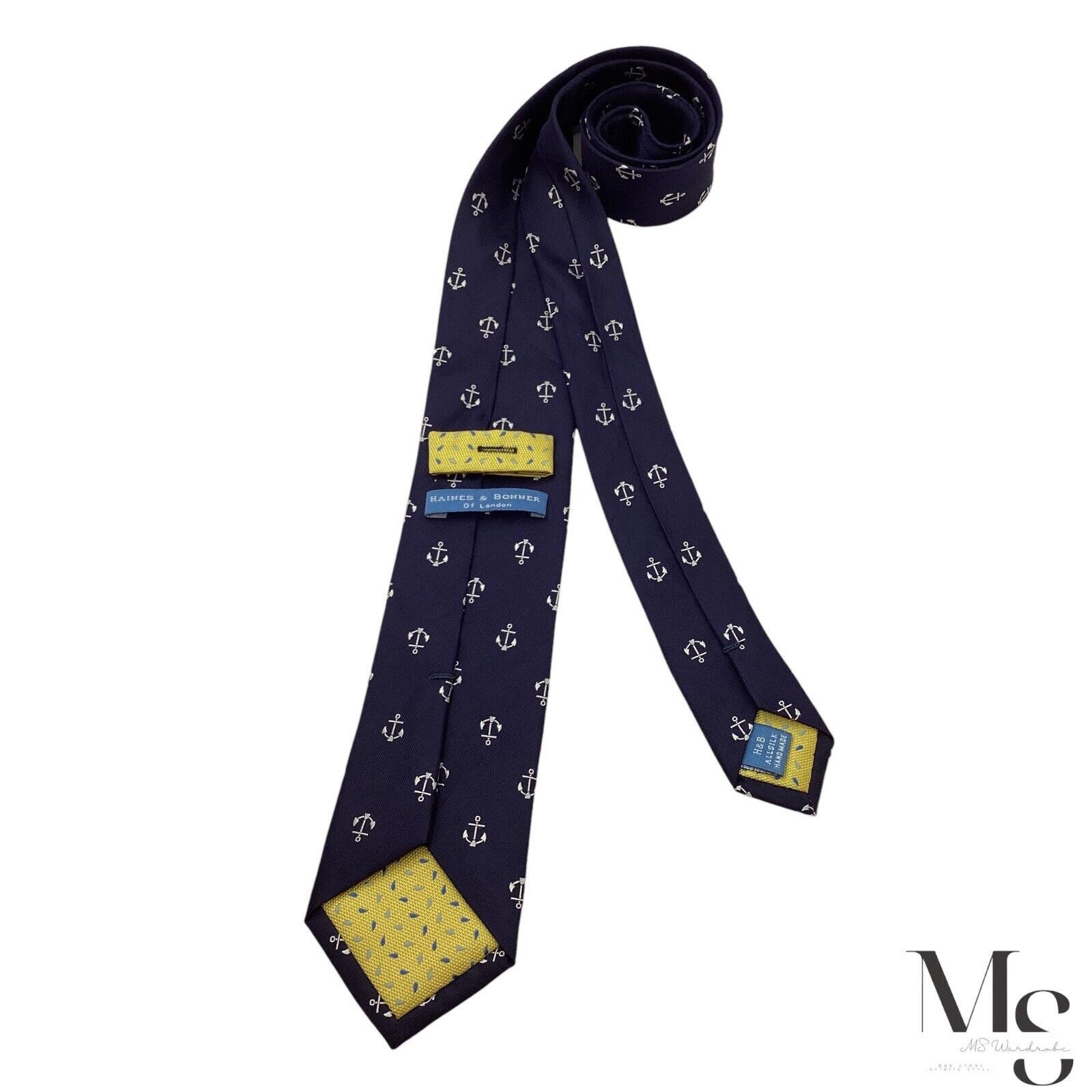 Hanes HAINES & BONNER Blue Anchor Print Silk Tie Hand Made W: 3" E Size ONE SIZE - 2 Thumbnail
