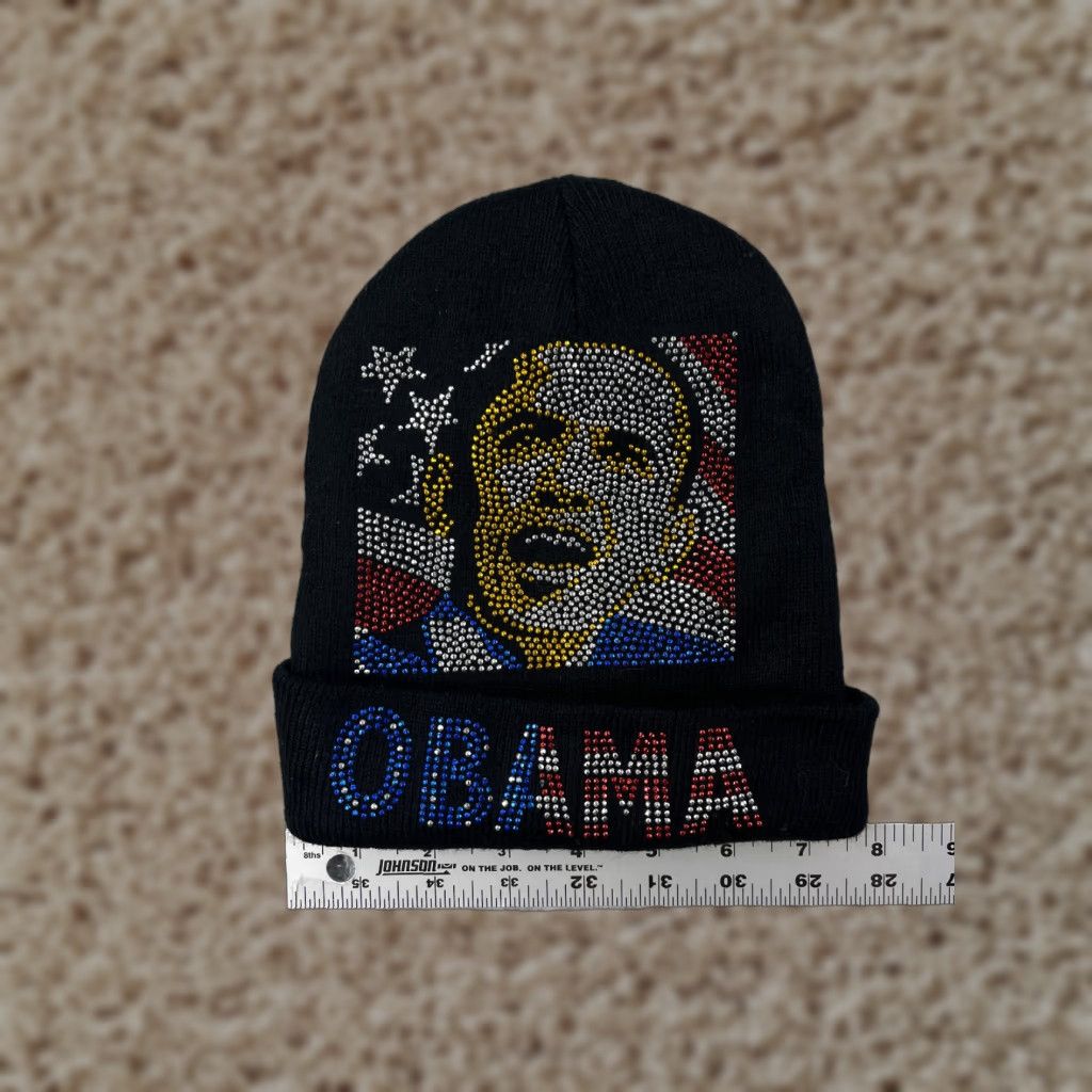 President Obama Hat Adult Black Beanie Knit Bling Rhinestone Acrylic USA Flag