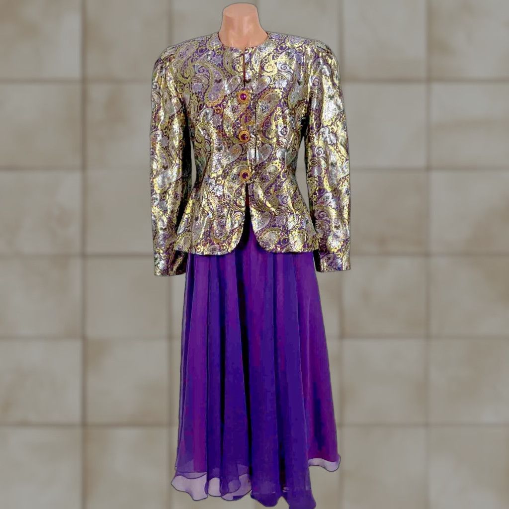VINTAGE Karen Lawrence by Matthew Purple Gold Lame Skirt Suit Rhinestones Size 6 - 1980s Purple Cocktail Skirt Suit Mens/Womens?