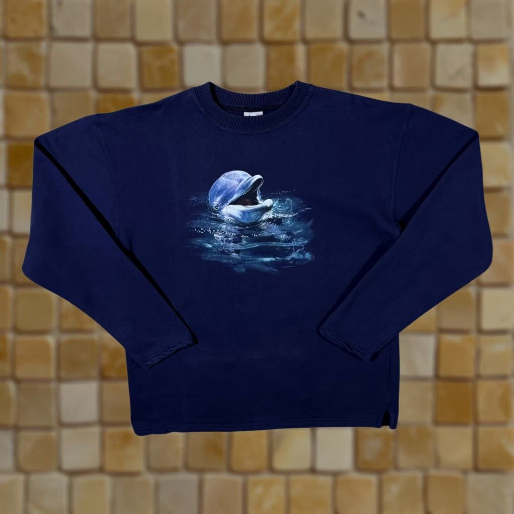 Vintage VINTAGE Harlequin Dolphin Graphic Navy Blue Sweatshirt Mens L Adult Large Pullover Long Sleeve Blue Graphic print to front 90s style Size US L / EU 52-54 / 3 - 1 Thumbnail