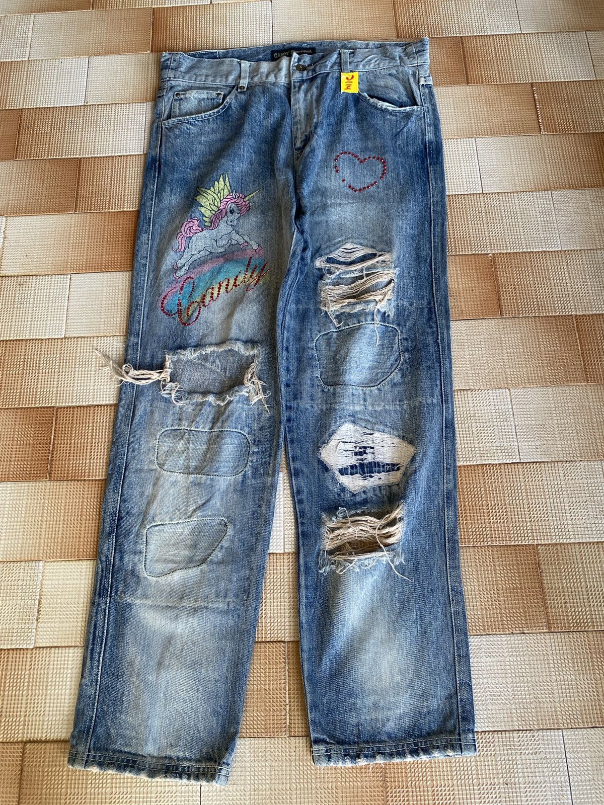 Beauty Beast × PPFM Vintage candy stripper slim cut distressed denim Size US 33 - 2 Thumbnail