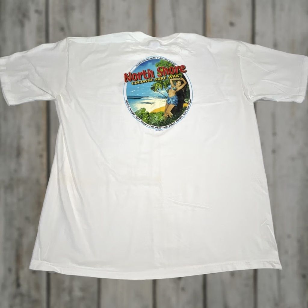 Vintage VINTAGE Crazy Shirts 2XL White Graphic Tee Hawaii North Shore Coconut Surf Wax Just Rub It On Short Sleeve Men Size US XXL / EU 58 / 5 - 1 Thumbnail