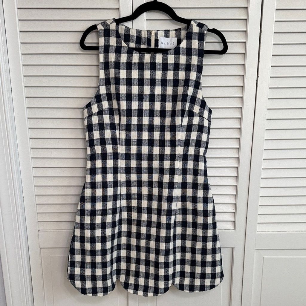 Other Sleeveless Navy & Cream Gingham Mini Dress w/ Scalloped Hem Size L / US 10 / IT 46 - 5 Thumbnail