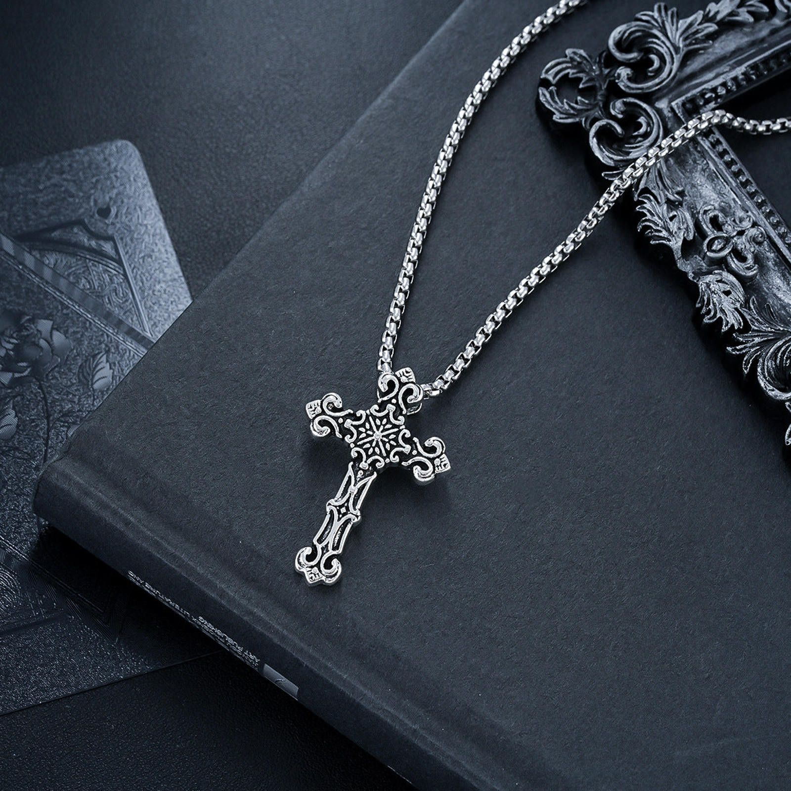Jewelry Silver Ornate Cross Pendant Necklace, Men's Chain Necklace Size ONE SIZE - 4 Thumbnail