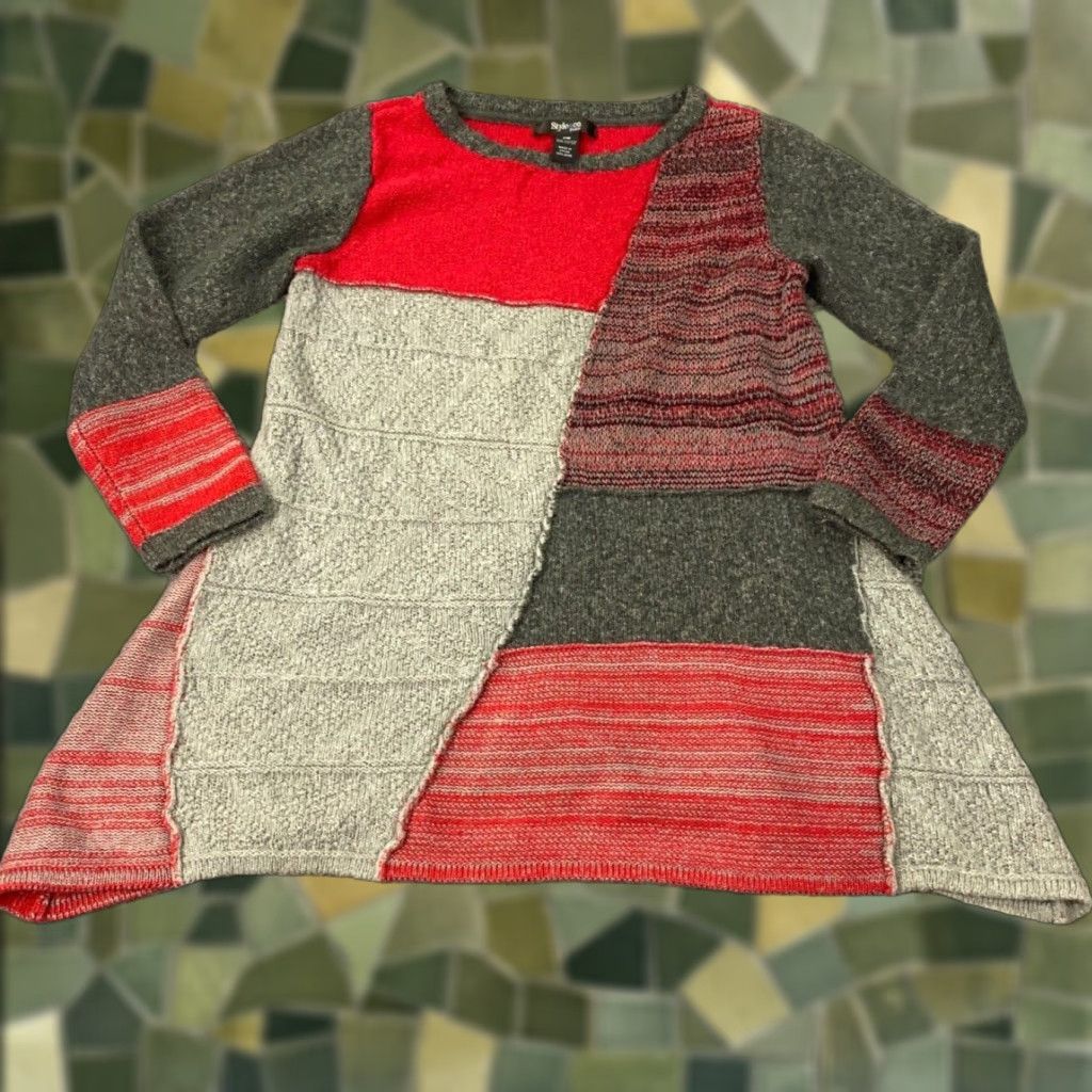 Vintage Style & Co Womens Sweater Petite Medium Red Boho Patchwork Aztec Knit Pullover Round Neck Womens Size M / US 6-8 / IT 42-44 - 1 Thumbnail