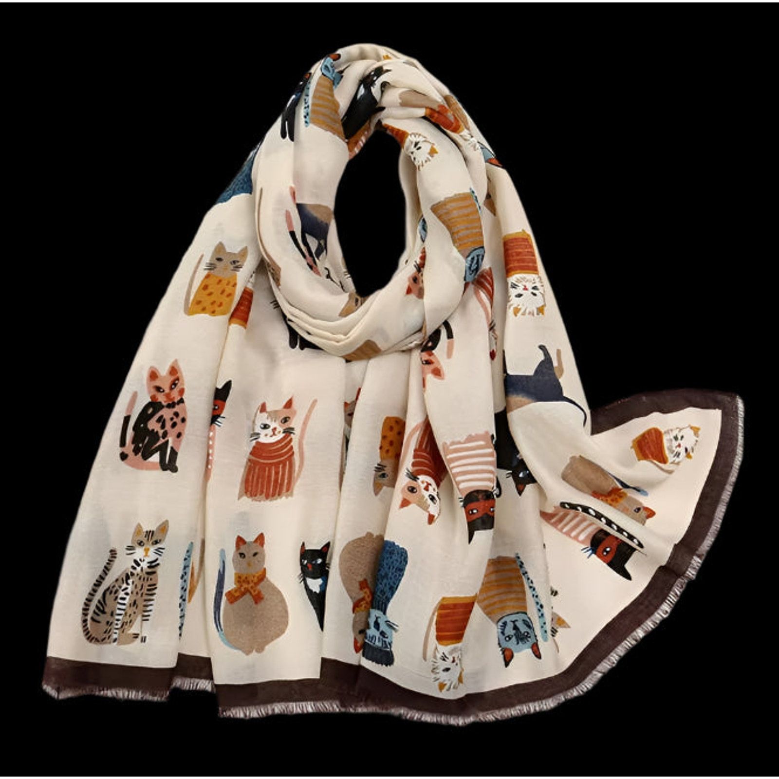 Designer Cream Many Cats Print Scarf Polyester Fashion Lightweight Size ONE SIZE - 1 Thumbnail