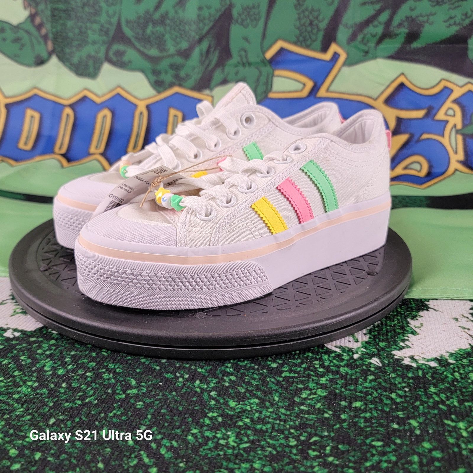 ADIDAS (GS) NIZZA PLATFORM J White/Pink/Multi Girls Size 4.5
