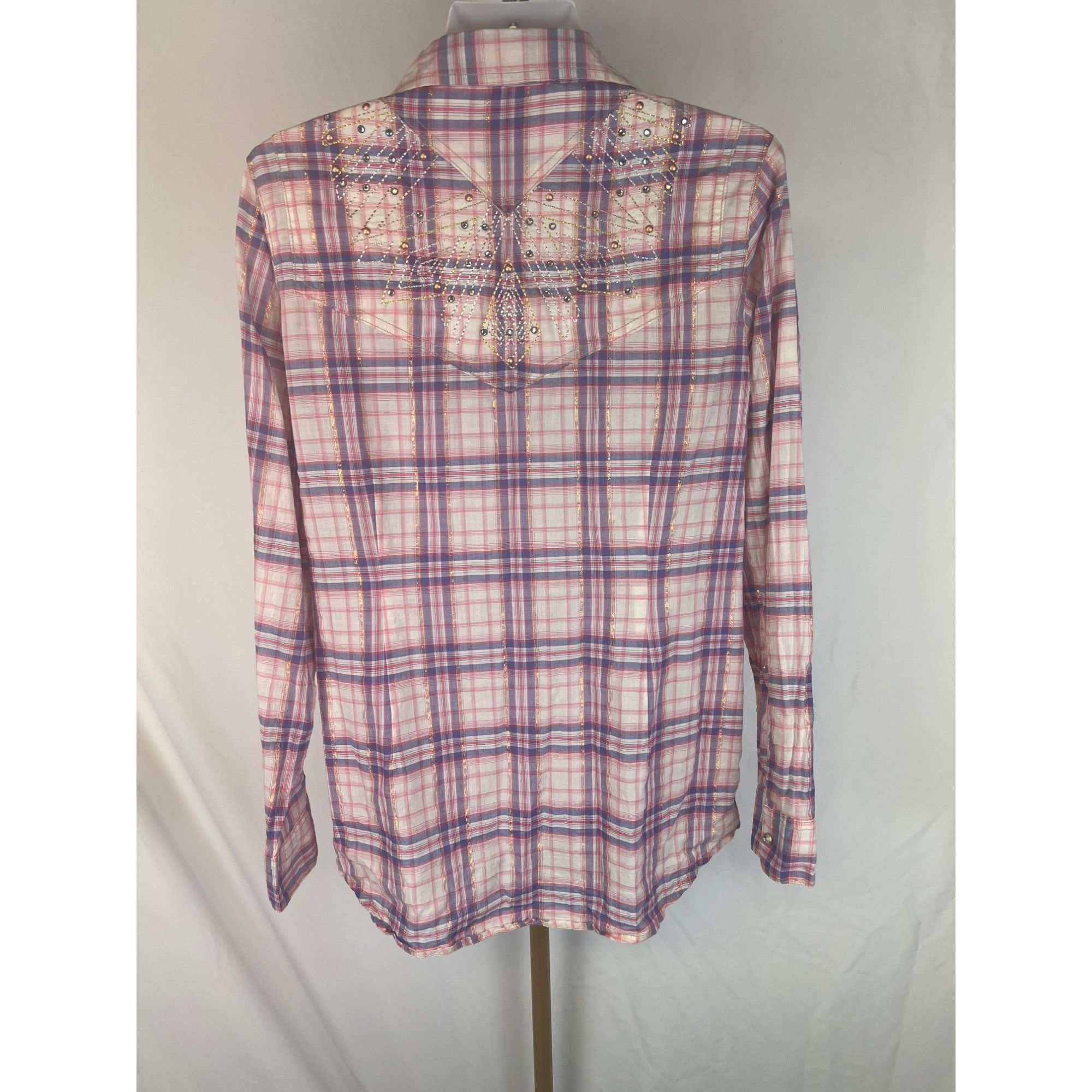 Wrangler Rock 47 By Wrangler Pink & Purple Plaid Long Sleeve Western Size L / US 10 / IT 46 - 2 Thumbnail