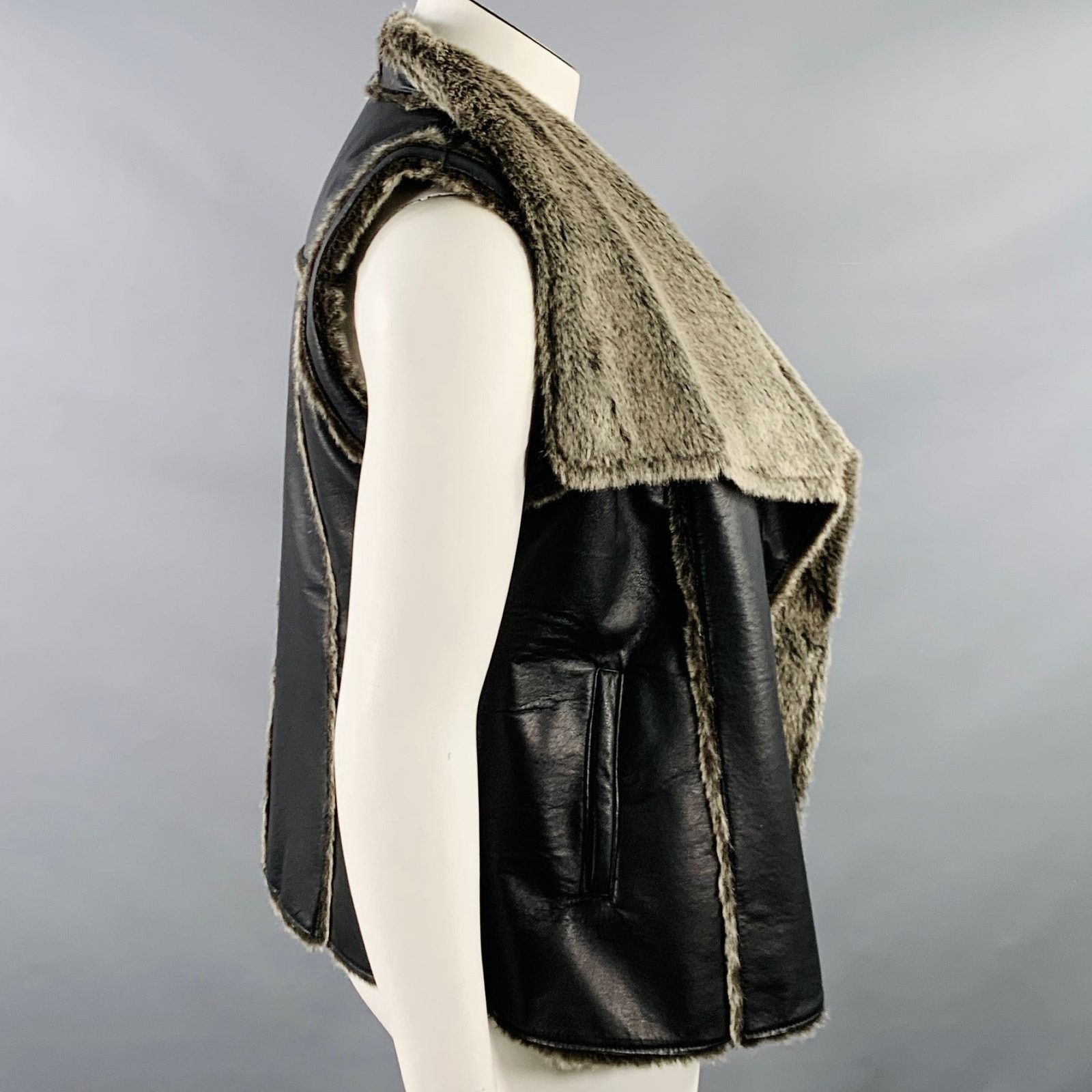 Other TRIBES Size L Black Grey Leather Faux Fur Open Front Vest Size L / US 10 / IT 46 - 2 Thumbnail