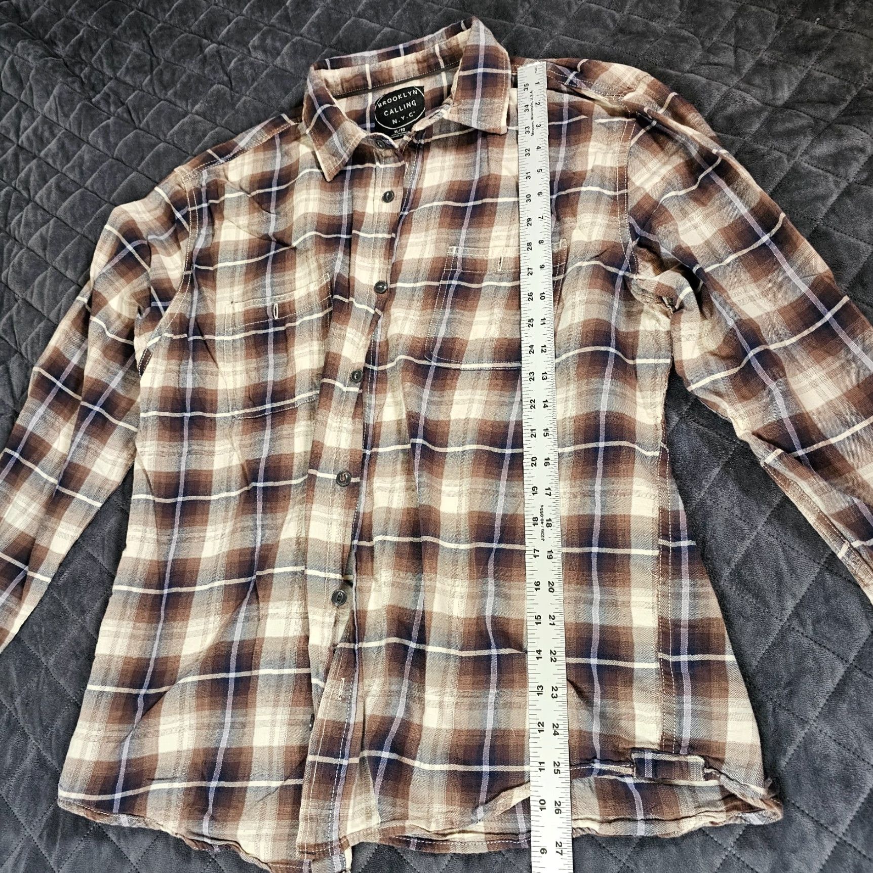Vintage Brooklyn Calling NYC Button Up Shirt Mens XL Brown White Long Sleeve Plaid Size US XL / EU 56 / 4 - 4 Thumbnail