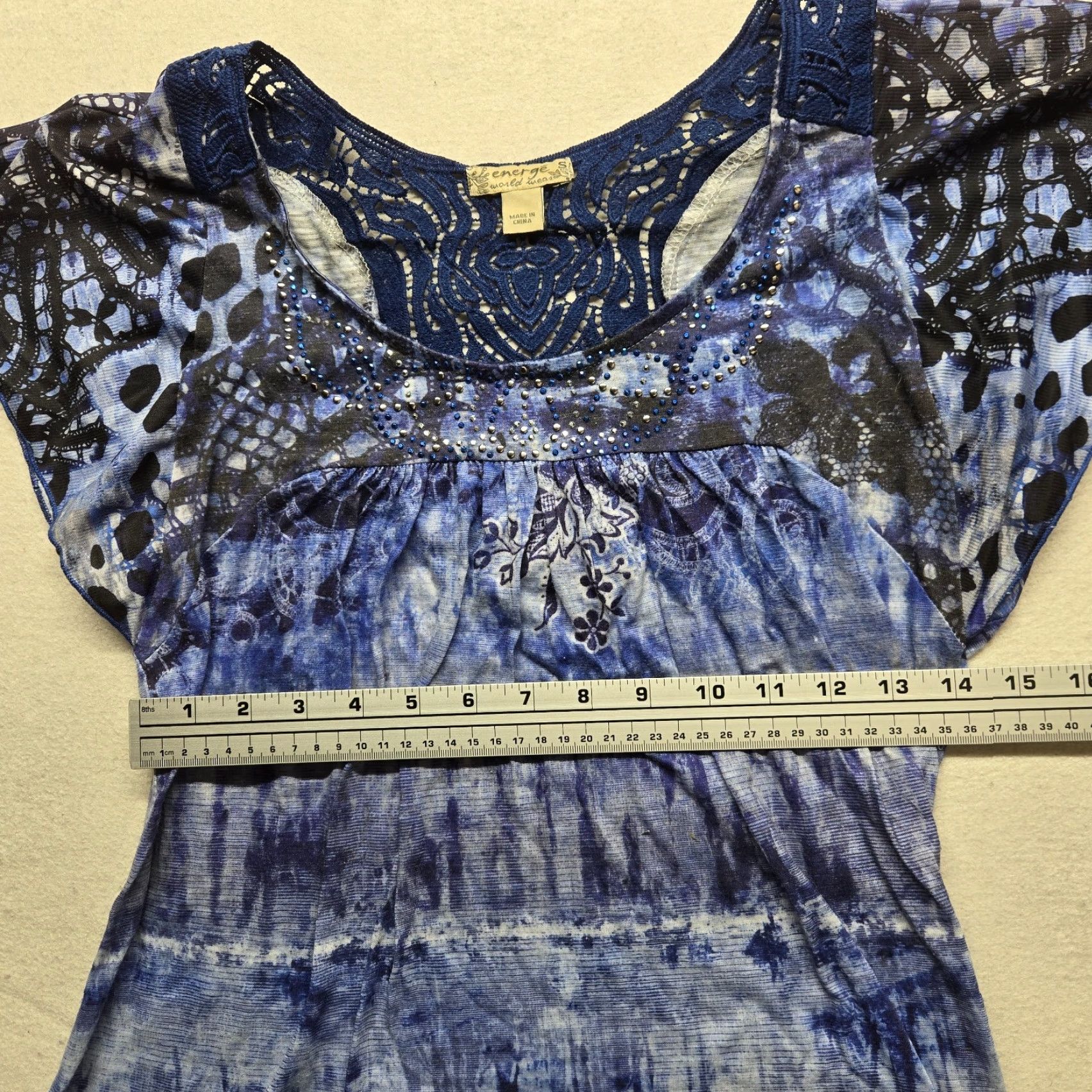 Vintage Energe Shirt Adult S Small Blue Geometric Pattern 90s Bohemian Round Neck Short Sleeve Blouse Womens Size S / US 4 / IT 40 - 4 Thumbnail