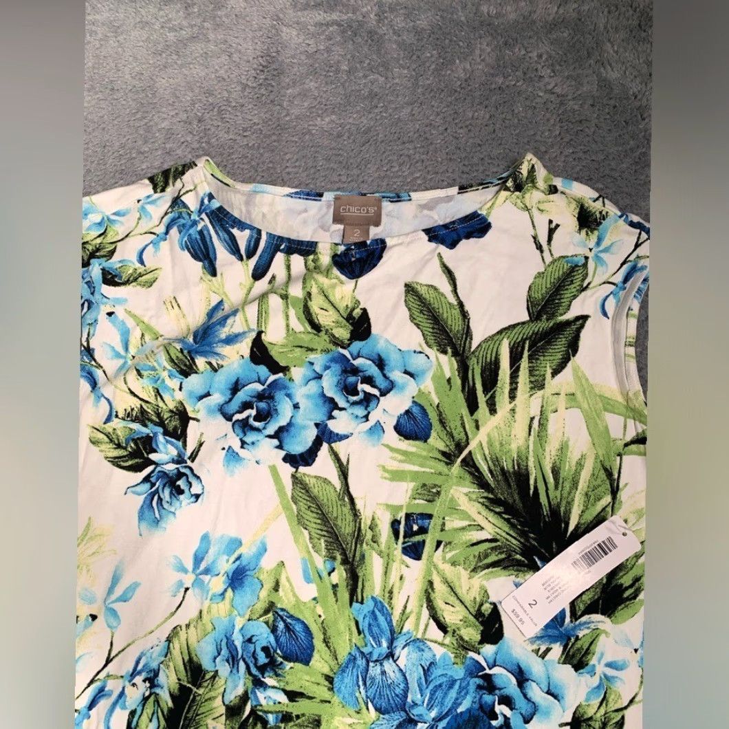 Vintage Chico's Dress NWT Tropic Carlie Boat Neck Floral Blue Midi Dress 2 Women Size XS / US 0-2 / IT 36-38 - 2 Thumbnail