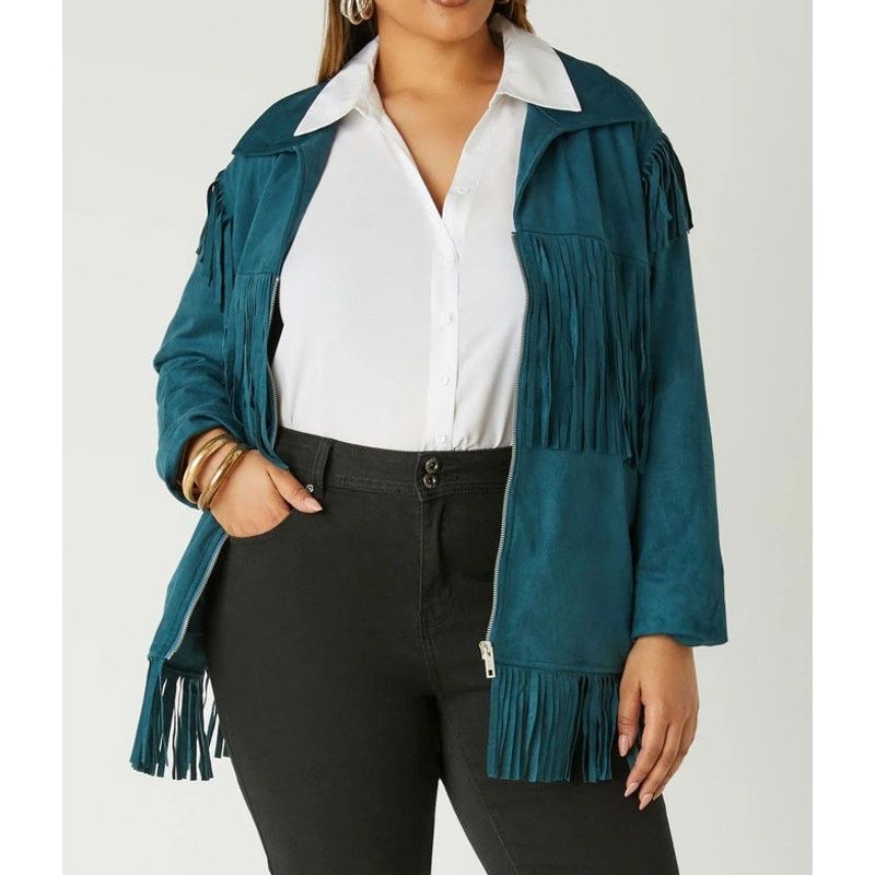 Other NEW | Fringed Teal Vegan Suede Zip Front Jacket | Size 10 Size L / US 10 / IT 46 - 4 Thumbnail