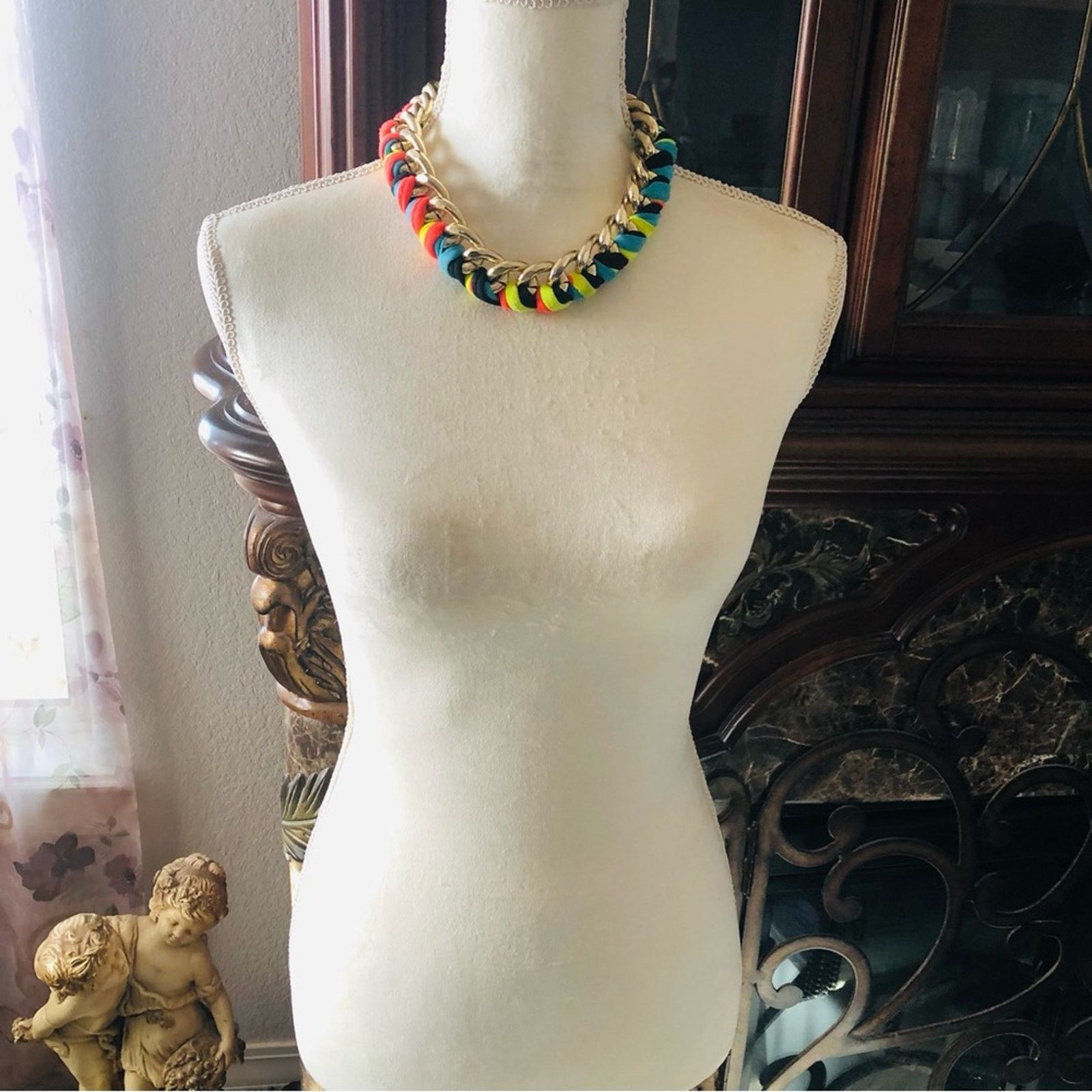 Handmade Hand crafted colorful ribbon braided gold chain necklace Size ONE SIZE - 5 Thumbnail