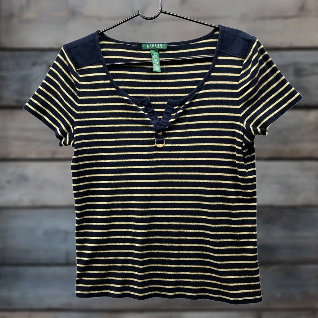 Ralph Lauren VINTAGE Lauren Ralph Lauren Henley Short Sleeve T Shirt Womens L Blue Gold Striped Size L / US 10 / IT 46 - 1 Thumbnail