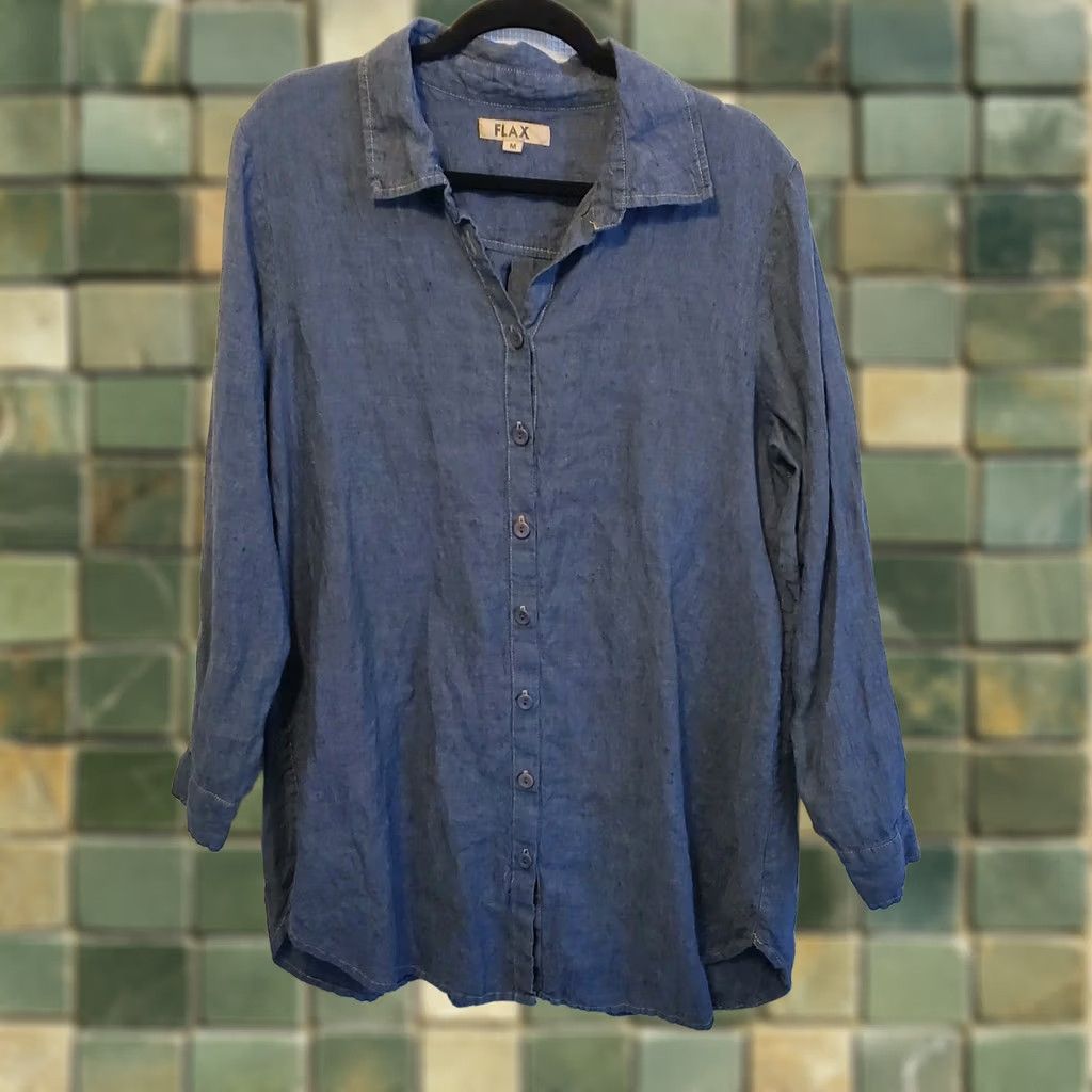 FLAX FLAX Shirt Dress Women Med Blue 100% Linen Collared Button Front Mini Preppy Sz Womens Size M / US 6-8 / IT 42-44 - 1 Thumbnail