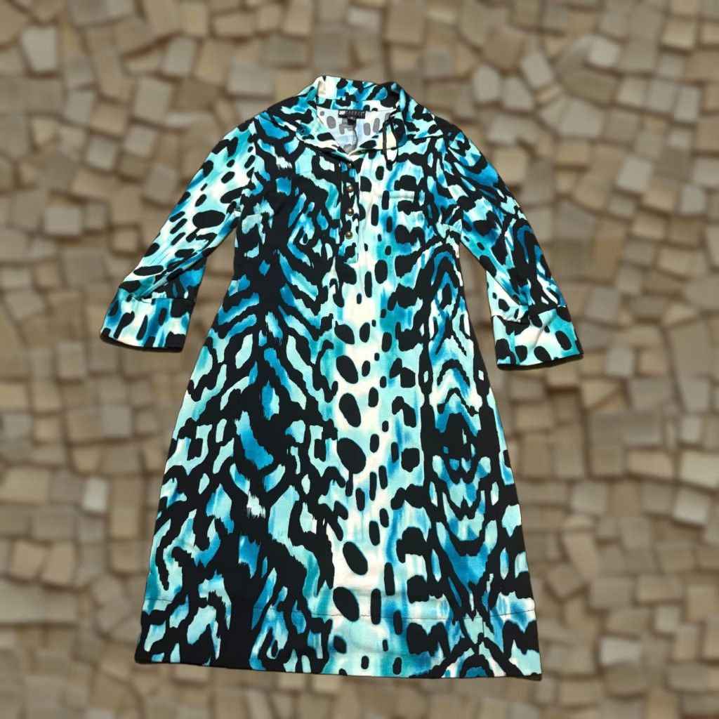 Vintage Carole Little Dress Women's Size 6 Blue Black Geometric Long Sleeve Dress Size M / US 6-8 / IT 42-44 - 1 Thumbnail