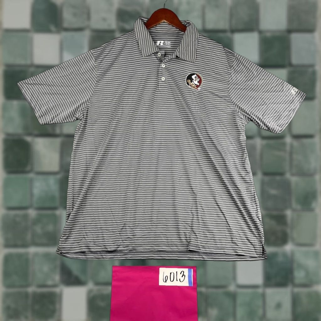 Vintage Russle Florida State Seminoles FSU Polo Shirt Mens XL Gray White Striped Stretch Casual Size US XL / EU 56 / 4 - 1 Thumbnail
