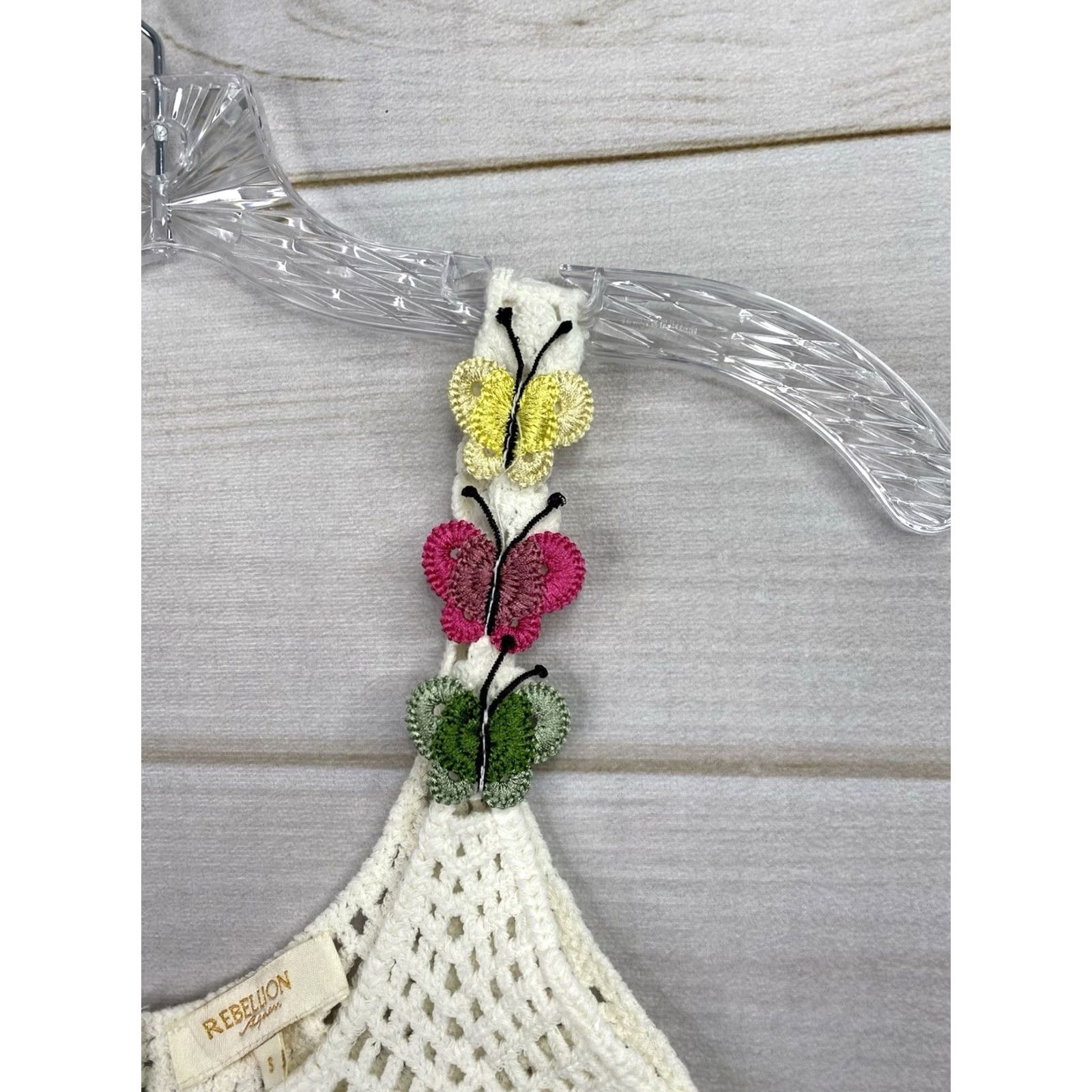 Vintage Rebellion Sleeveless Crochet Top S Beige Floral Butterfly Bohemian Camisole Shirt Womens Slim Open V-Neck Crochet Open Details 100% Cotton Size S / US 4 / IT 40 - 2 Thumbnail