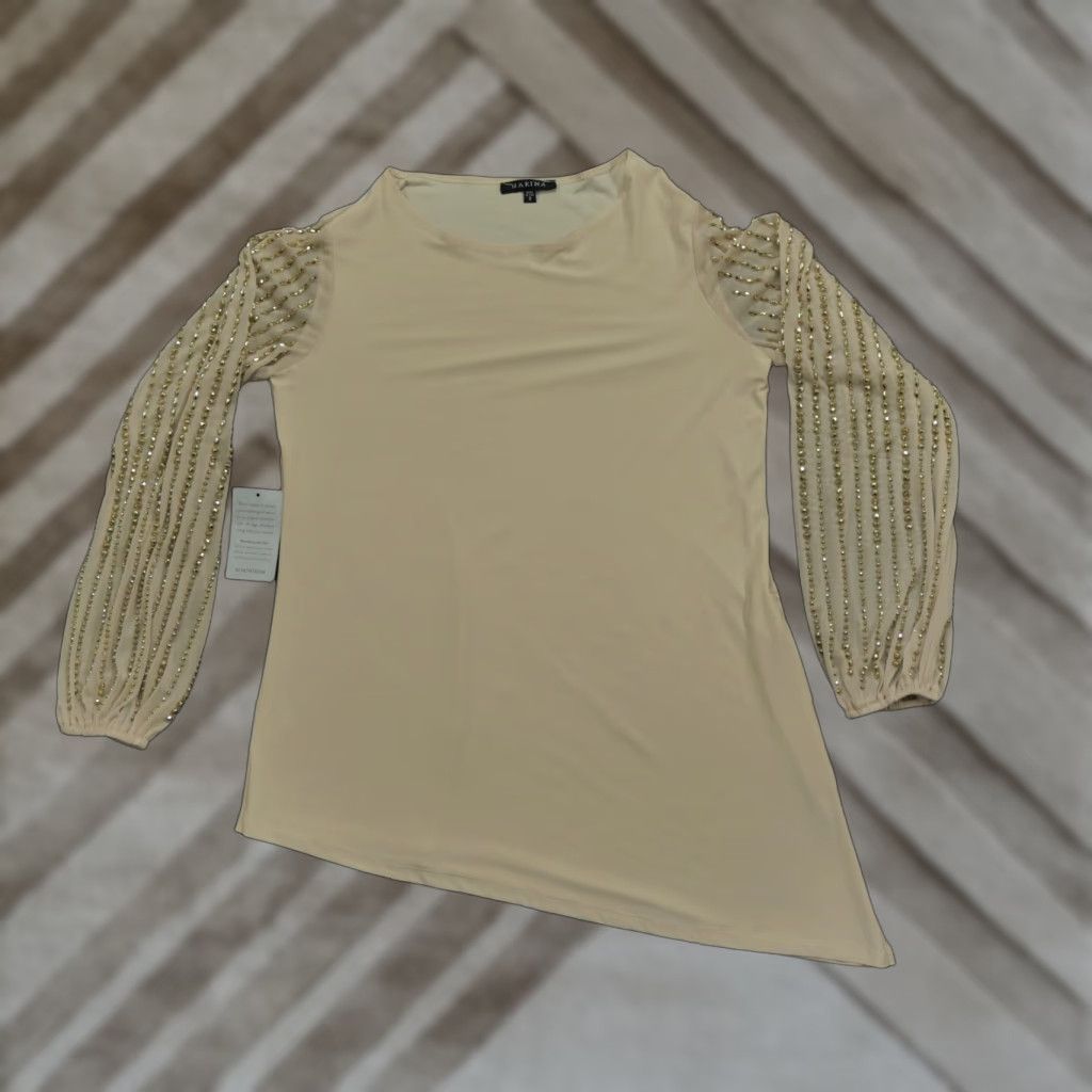 Vintage Marina Shirt Blouse Womens 8 Beige Beaded Long Sleeve Round Neck USA Made Keybeaded? Size M / US 6-8 / IT 42-44 - 1 Thumbnail