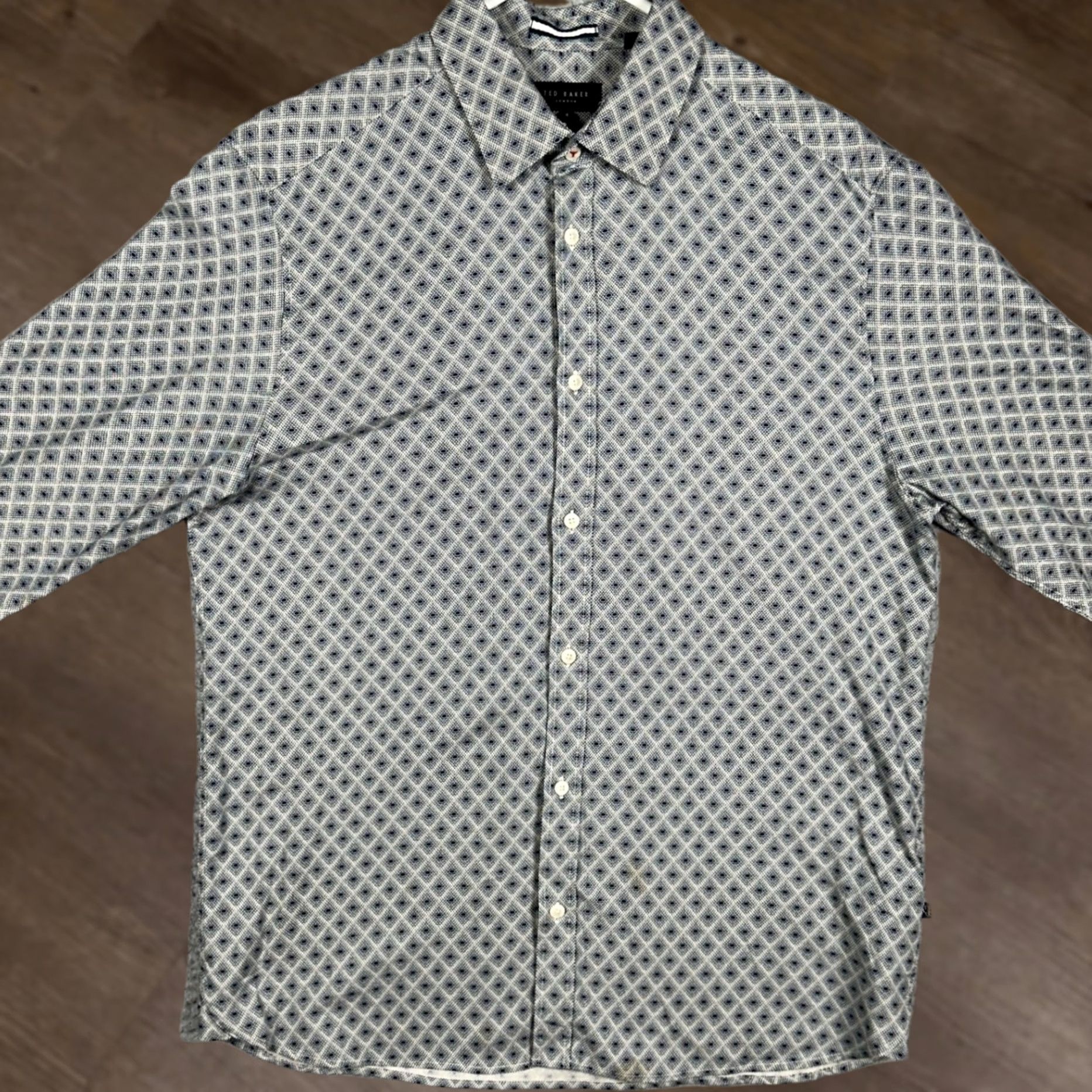 Ted Baker Ted Baker Shirt Men M Navy White Geometric Diamond Print Button Up Long Sleeve Collared 4 Medium Sanlon Size US M / EU 48-50 / 2 - 1 Thumbnail
