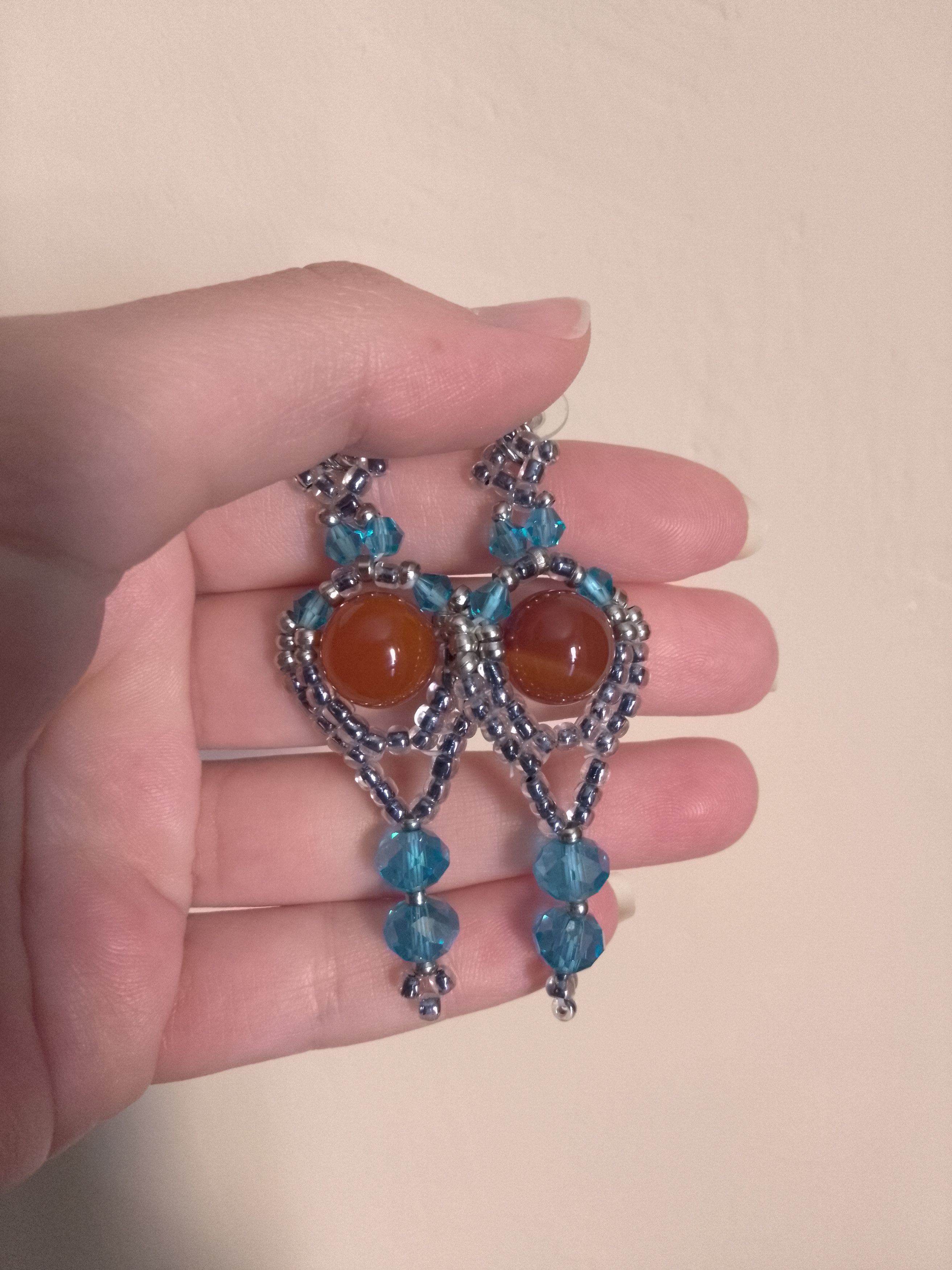 Handmade Dangle earrings with red carnelian gemstones blue crystal Size ONE SIZE - 8 Thumbnail