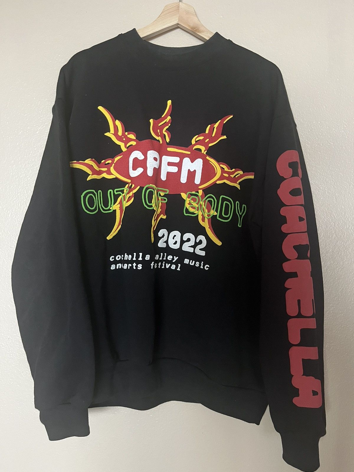 image of Cactus Plant Flea Market Coachella “Out Of Body” Crewneck in Black, Men's (Size Large)