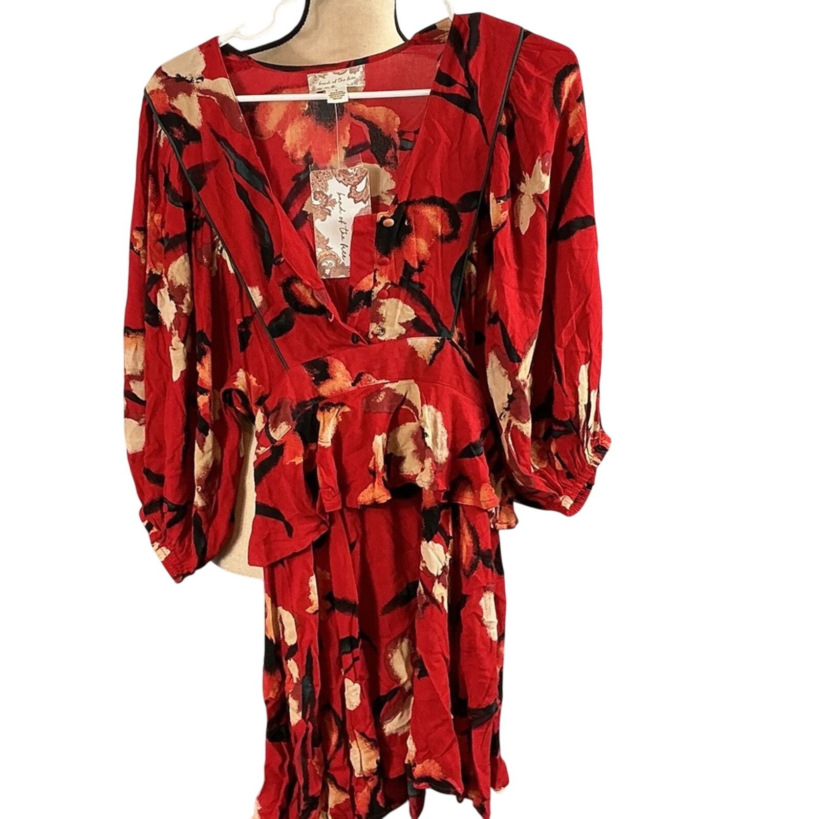 Other Band of the Free Floral Dress NWT Size Small Red Boho Peplum Size S / US 4 / IT 40 - 1 Thumbnail