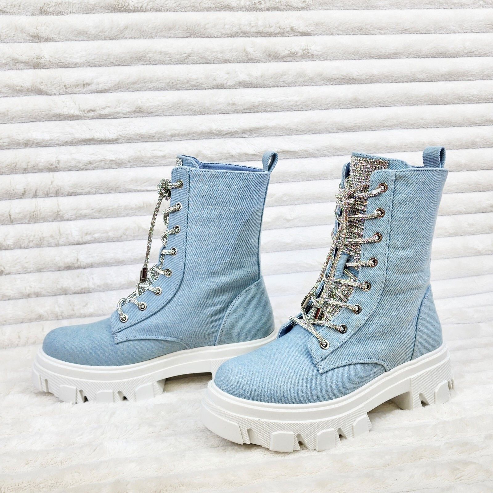 Other Rowan Denim Combat Ankle Boots Iridescent Rhinestone Tongue Size US 7 / IT 37 - 5 Thumbnail