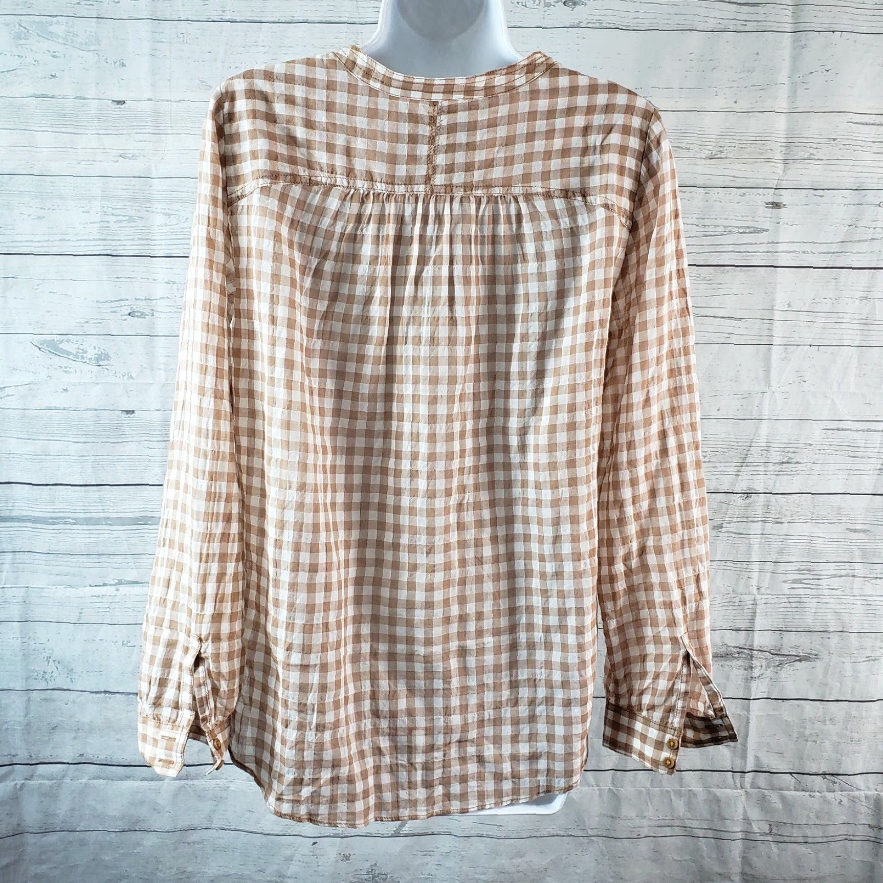 Vintage Holding Horses Womens Blouse Sz 2 Tan Gingham Long Sleeve Cotton Blend Shirt Clothing Mens? Size XS / US 0-2 / IT 36-38 - 4 Thumbnail