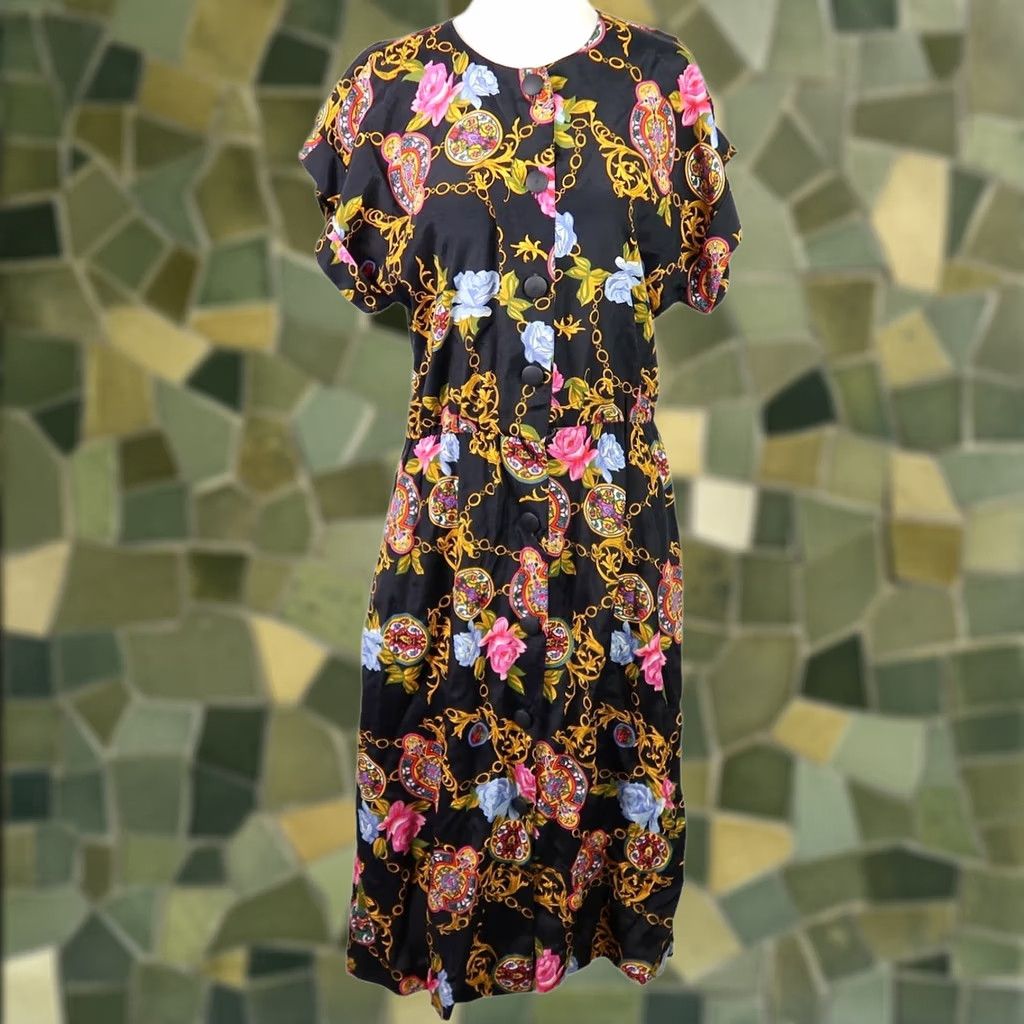 Vintage VINTAGE Laine Shirt Dress Midi 8 Black Pink Rose Floral Chain Print 80s Bohemian Short Sleeve Pockets Size M / US 6-8 / IT 42-44 - 1 Thumbnail