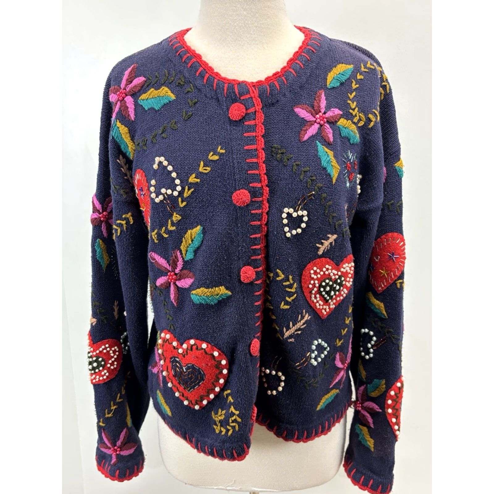 Vintage VINTAGE Segue Cardigan Shirt Women L Blue Hearts Beaded Embroidered Knit Cotton Ramie 90s Valentines Day Size L / US 10 / IT 46 - 2 Thumbnail