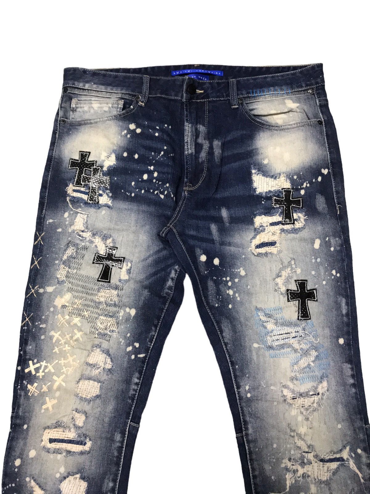 Seditionaries 🔥🔥VERY RARE🔥🔥Bleu Noir Cross Patchwork Distressed Jeans Size US 37 - 2 Thumbnail